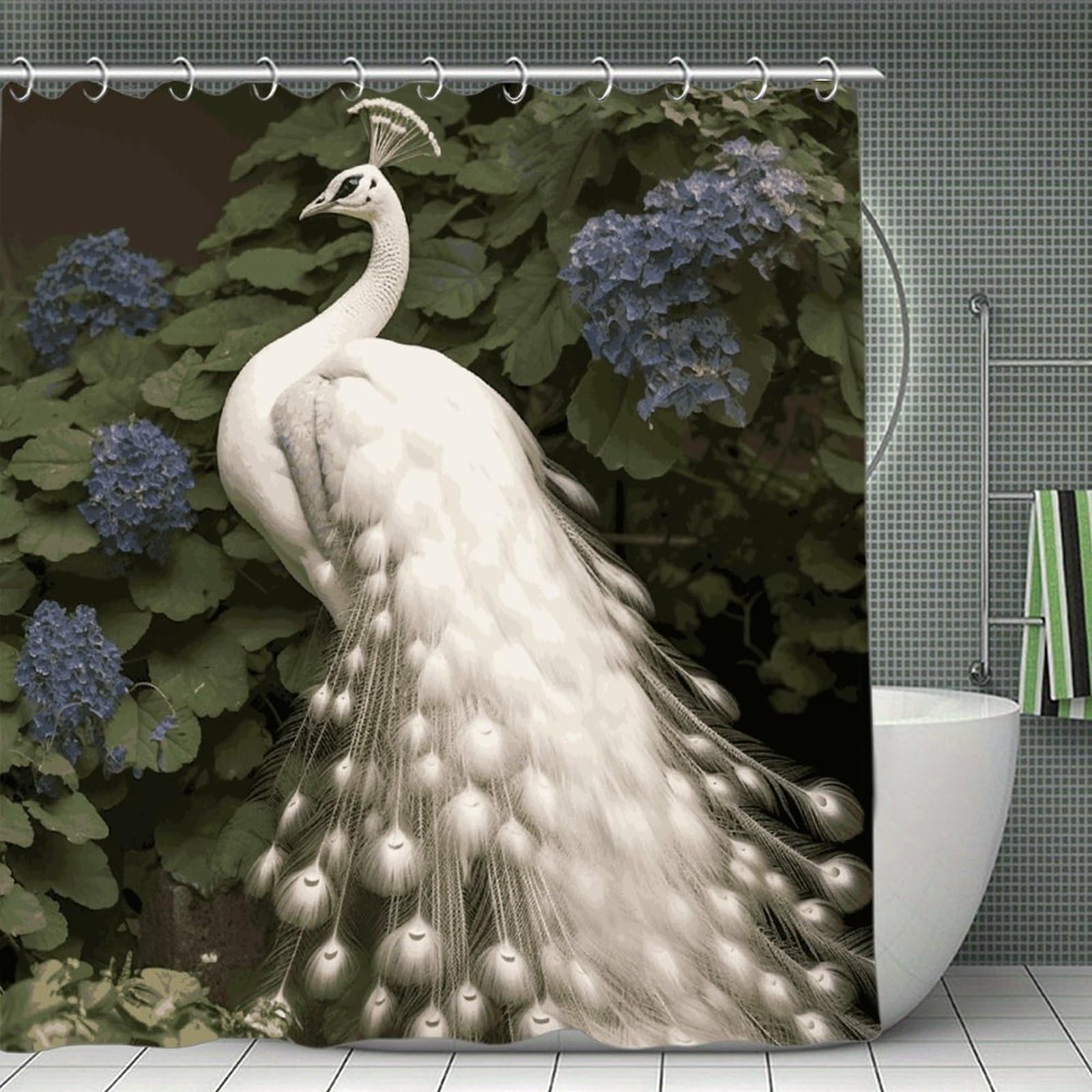 VstaDank White Peacock Shower Curtain Light-Weight Blackout Bathroom Curtain Washable Shower Liner 71x71 Inch Bath Curtain with Metal Holes Bathtub Bath Room