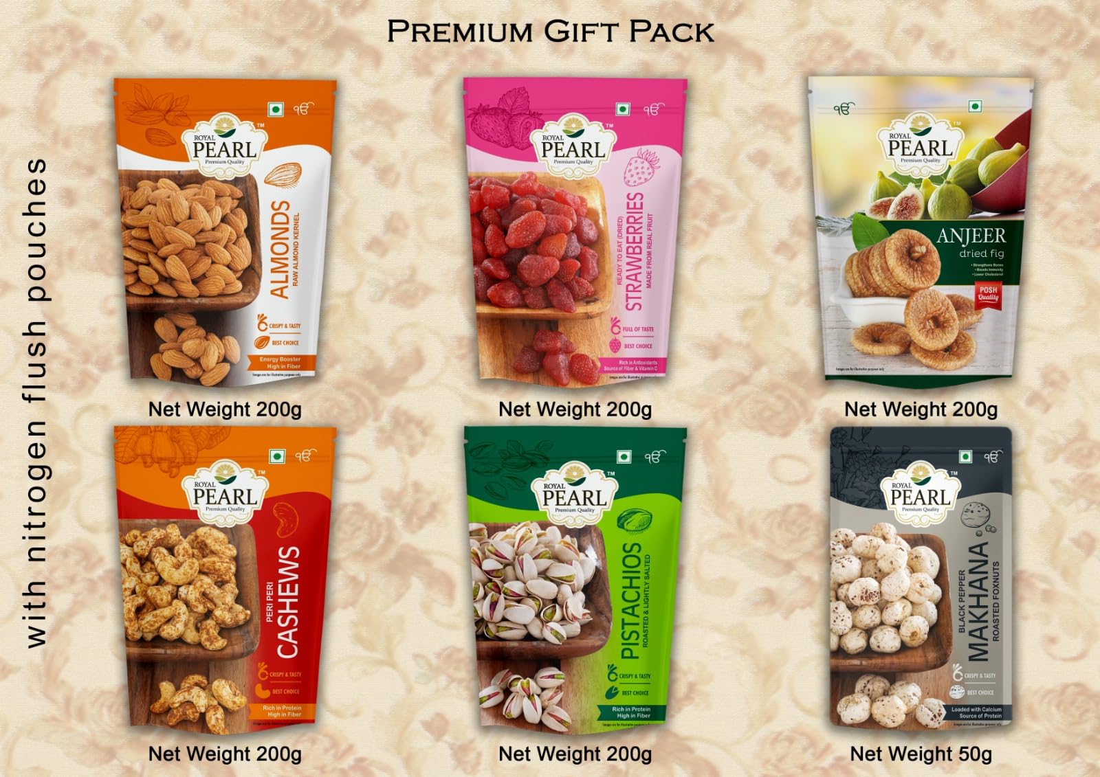 ROYAL PEARL Premium Dry Fruit Gift Box - 1050 Gram, Celebration Pack, Festive Gift, Assorted Pack for Festive Gifting Premium Pack, Diwali Gifting Corporate Gift, Almond 200 Gram, Dried Strawberry 200 Gram, Dried Fig ( Anjeer ) , Peri Peri Cashew 200 Gram, Roasted Pistachios 200 Gram, Roasted Black Pepper Foxnuts ( Makhana ) 50 Gram. 2