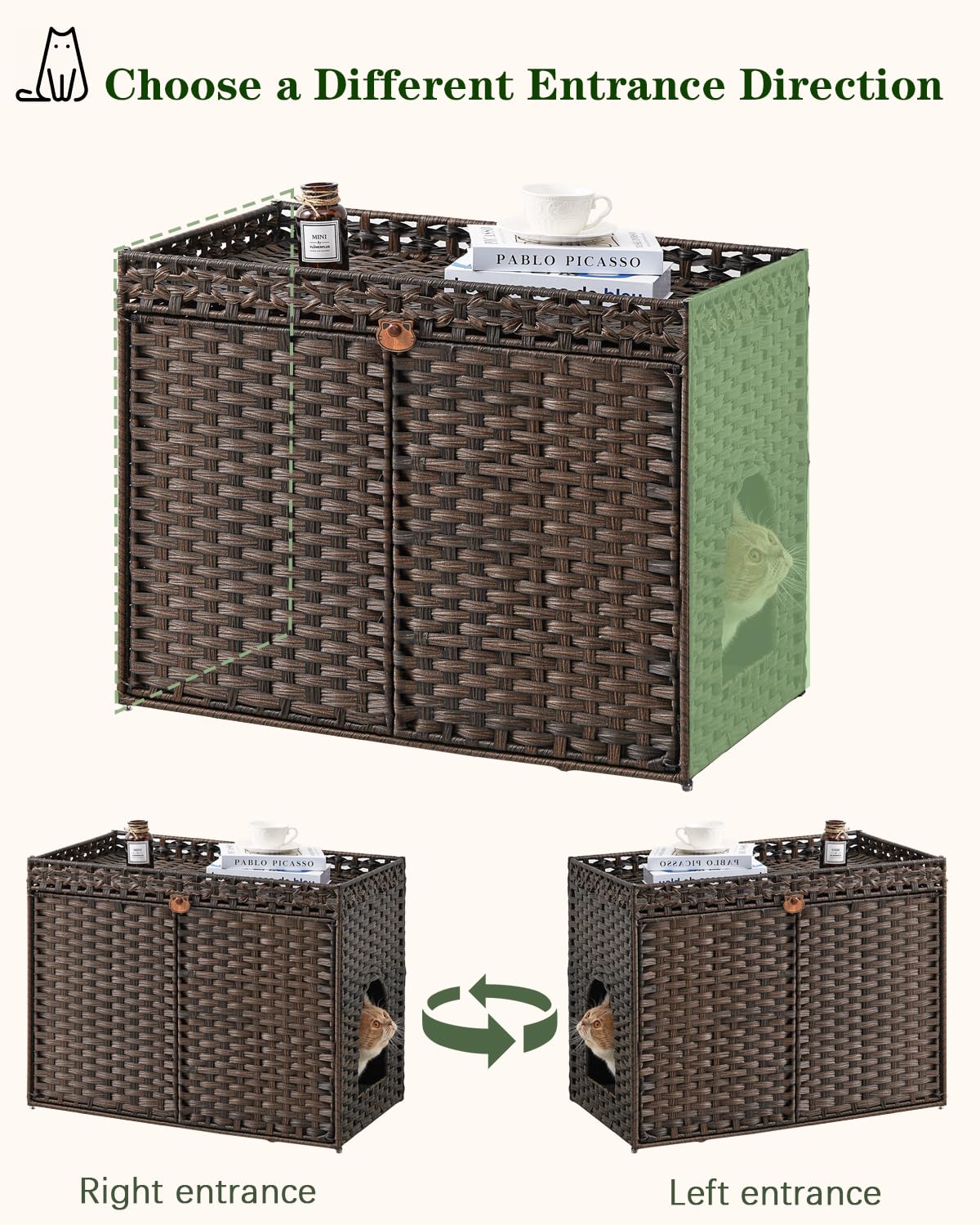 SETVSON Cat Litter Box Enclosure Furniture, Handwoven Rattan Hidden Litter Box with Mat, Large Space Cat House with 2 S-Shaped Hooks, 30.3 x 18.3 x 24.4 Inches, Indoor for Living Room Apartment Brown - image 6