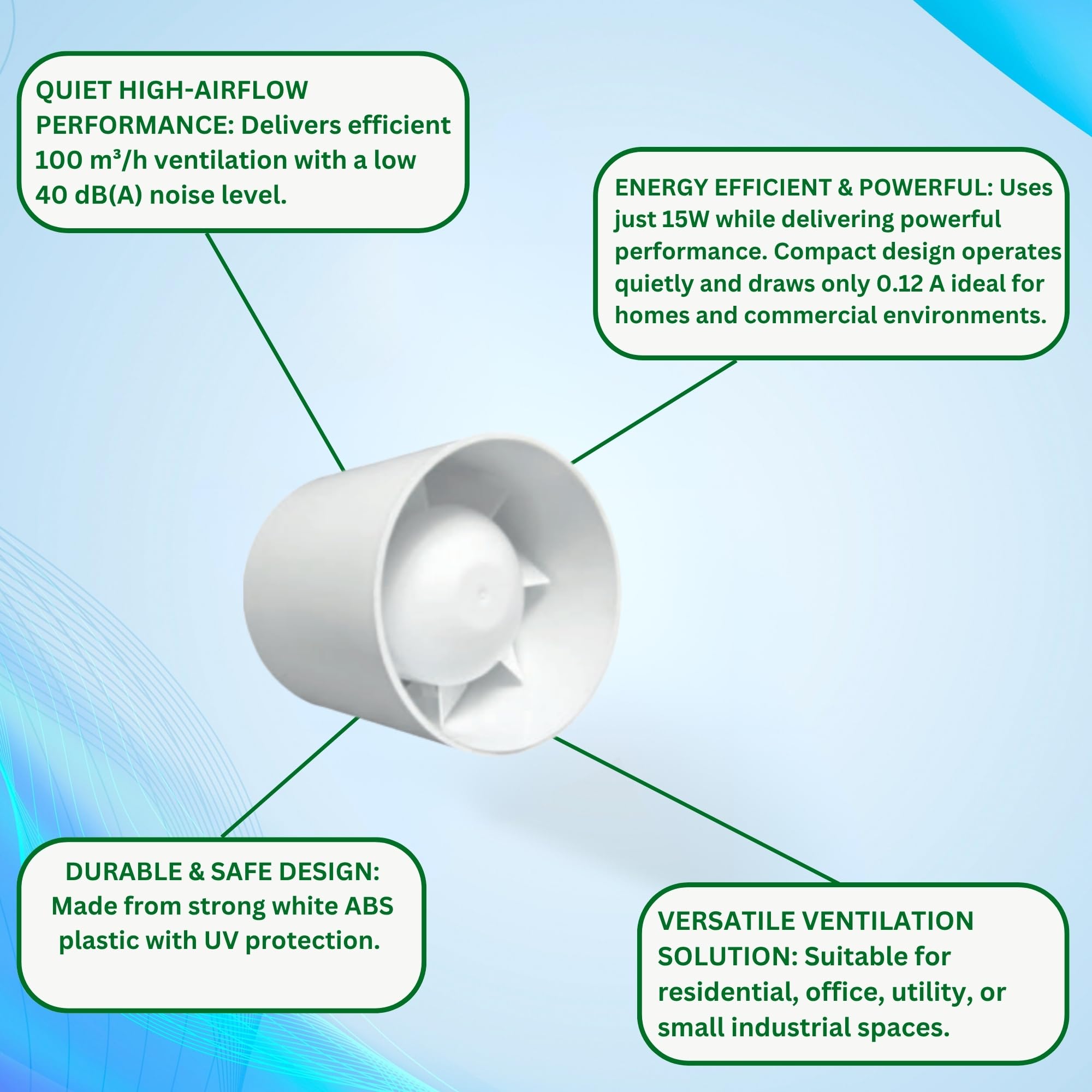 MYPURECORE 100mm In-Line Extractor Fan, Quiet Bathroom Ventilation Fan for Ducting, High Airflow 100 m³/h - Image 4