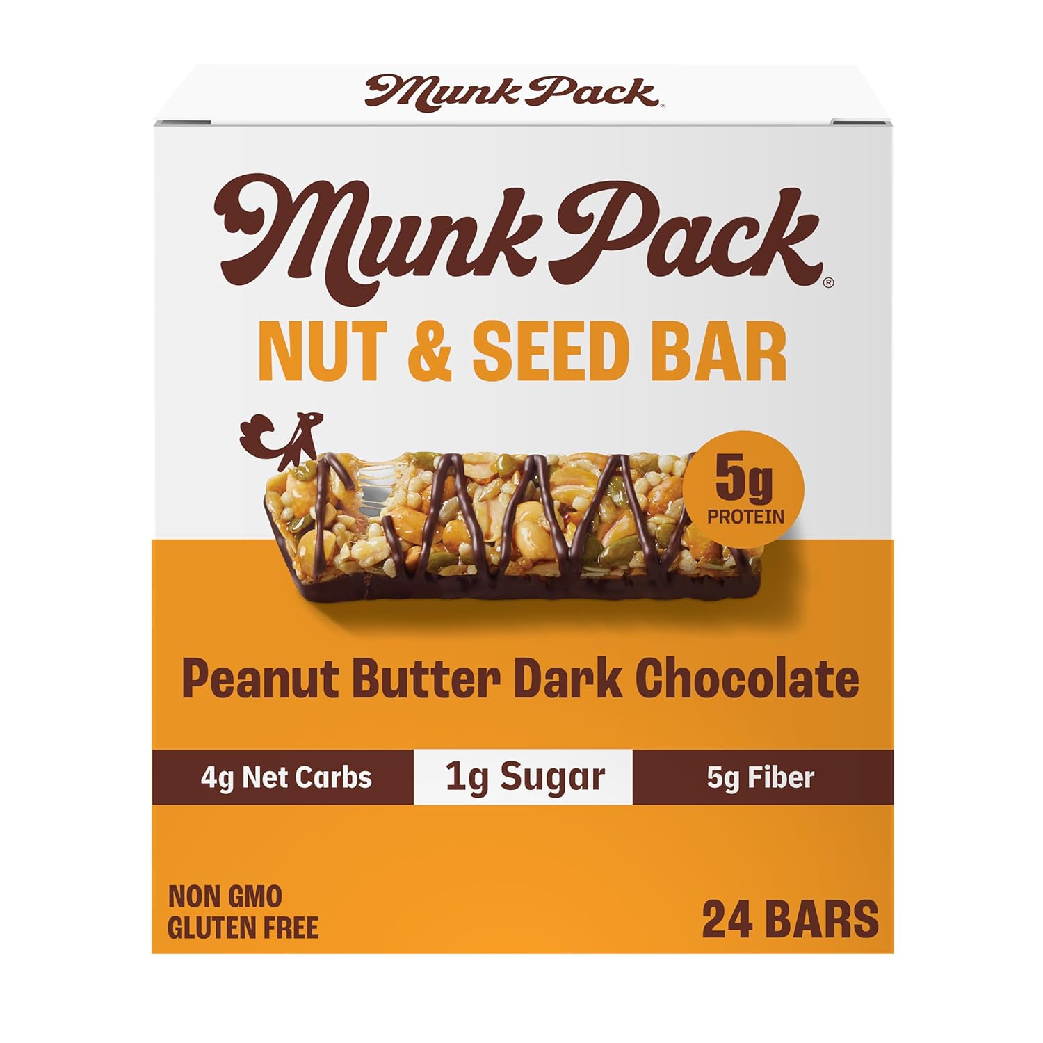 Munk Pack Fiber Nut Bars, Peanut Butter Dark Chocolate, Prebiotic Probiotic GLP-1 Snack, 5g Fiber, Gut Friendly Allulose, Plant Protein, Gluten Free, Keto, No Sugar Alcohol, 3g Net Carb, 24 Count