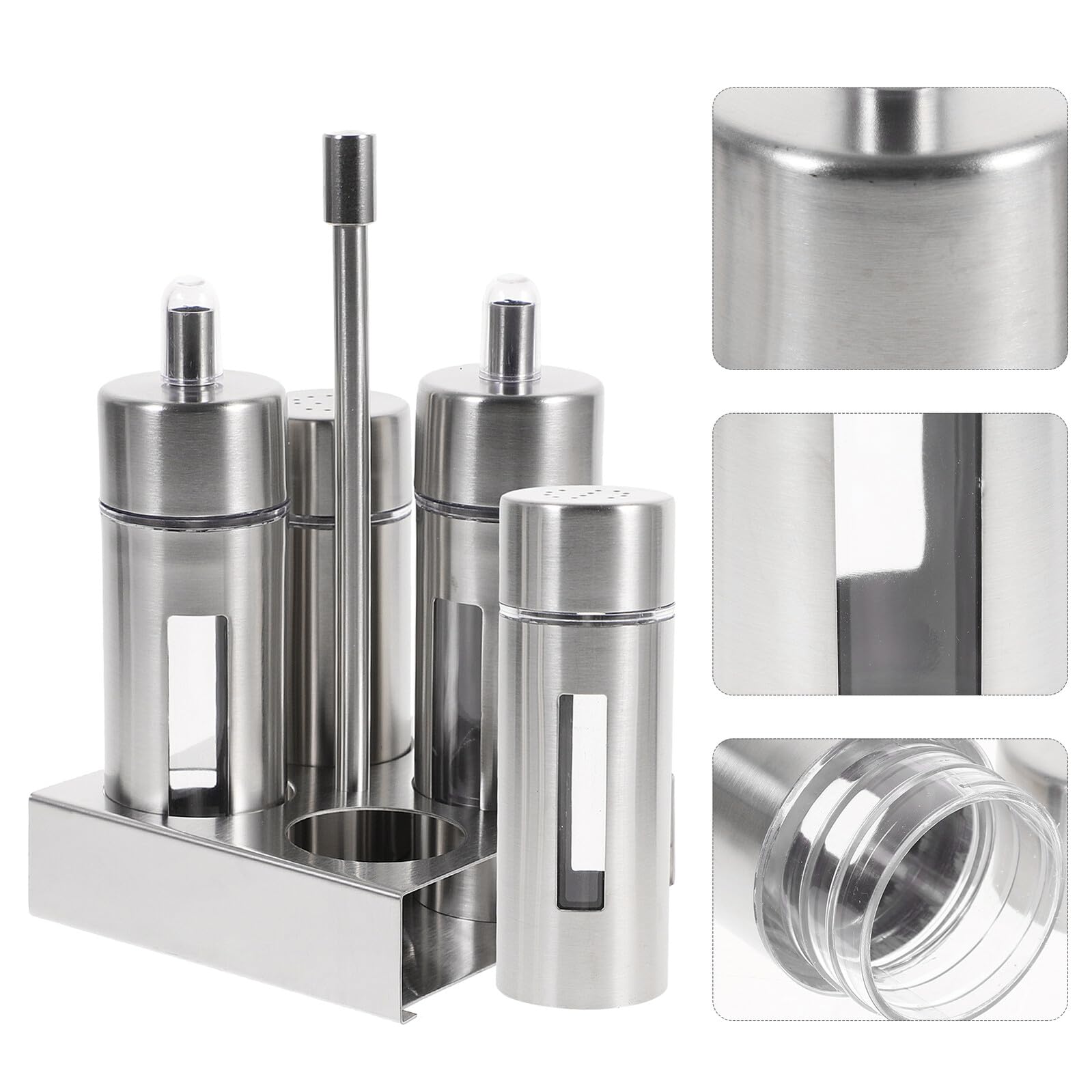 Juego de Salero y Pimentero Acero Inoxidable Aceitera y Vinagreras, Set de 4 Recipientes Transparentes Extraíbles para Condimentos, Base para Cocina y Comedor, Dispensador Sal