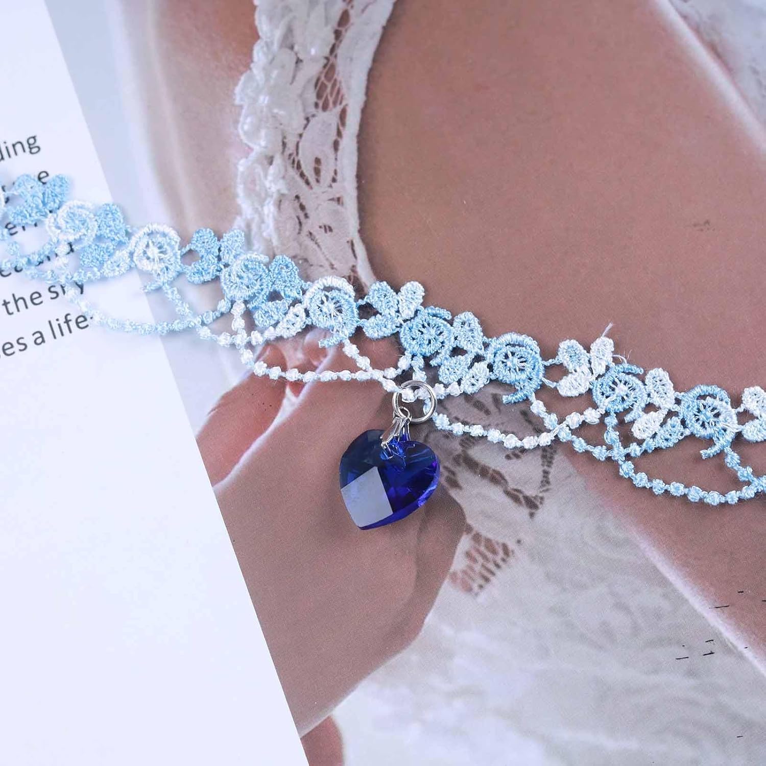 Boho Lace Choker Necklace Sapphire Heart Pendant Necklace Blue Short Lace Necklace Hollow Lace Flower Collar Necklace Jewelry for Women - Image 5