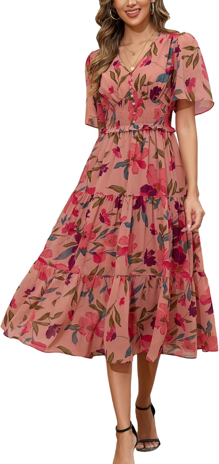 Kormei Women's V Neck Short Sleeve Boho Smocked Long Flowy Summer Dress Wedding Guest Engagement Dresses