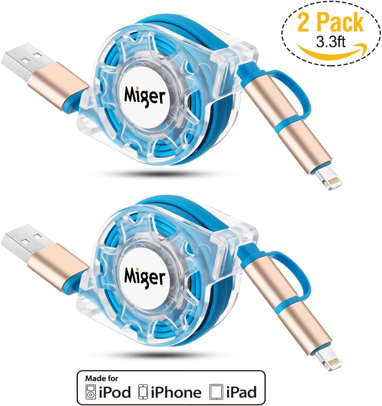 Miger 2Pack 3.3Ft 1M [Apple MFi Certified] Retractable Charge and Sync 2 in 1 Cable with Lightning & Micro USB Connectors for iPhone, iPad, iPod Touch/5 Nano 7 on iOS11, Samsung/HTC & More(Blue)
