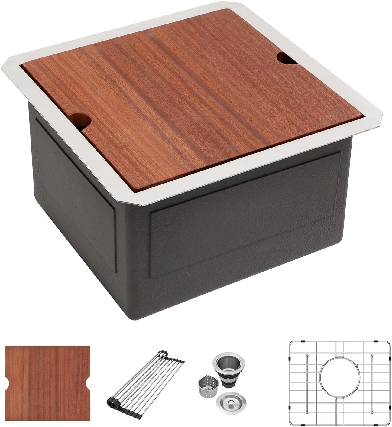 Évier de cuisine encastrable 38x38 cm cuve carrée inox 16 gauge