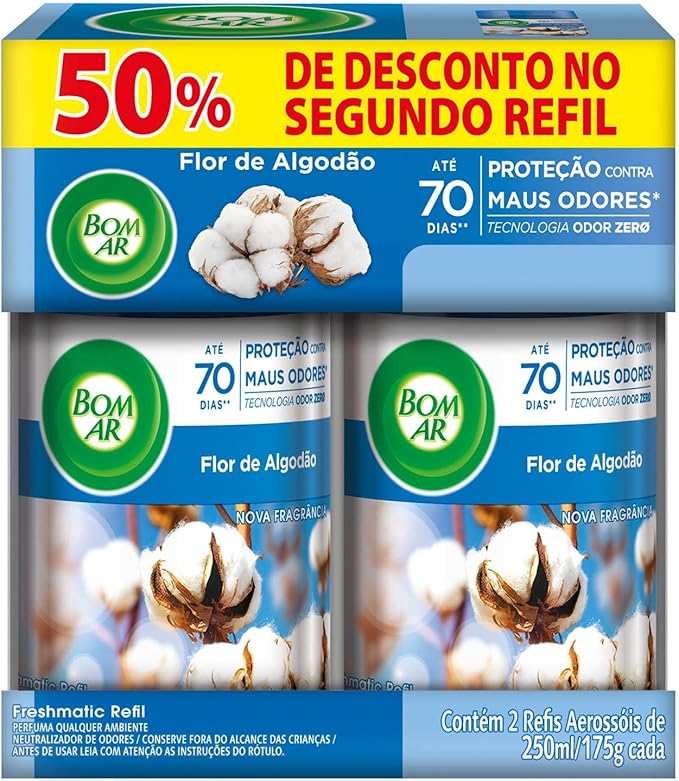 Aromatizador de Ambiente Bom Ar Automático Aerossol Freshmatic, Flor de Algodão, 2 Refis de 250ml Cada Menor preço em Aromatizador de Ambiente Bom Ar Automático Aerossol Freshmatic, Flor de Algodão, 2 Refis de 250ml Cada