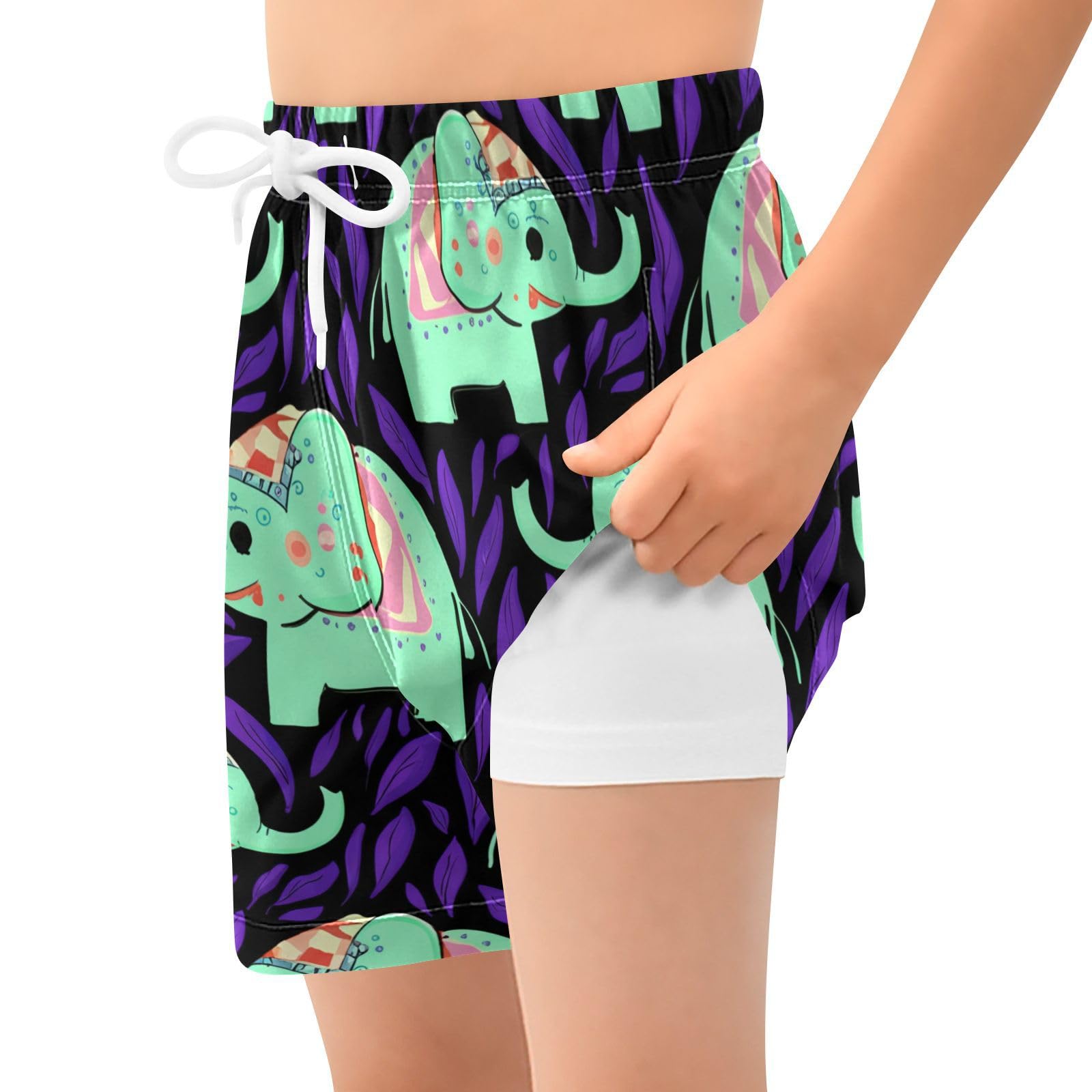 YANENDIE Boy Swim Trunks with Compression Liner Mint Elephants Leaves Boys Swim Shorts Quick Dry Beach Shorts