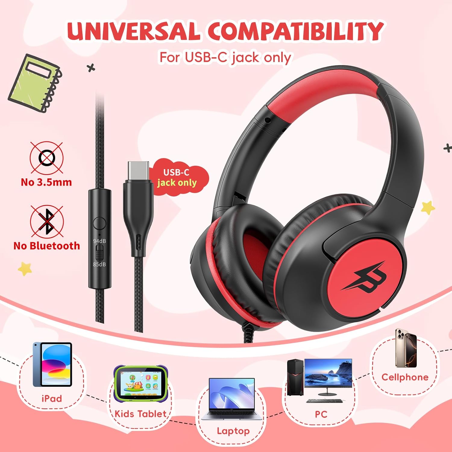 USB C Kids Headphones Wired with Mic, 85/94 dB Volume Limit, Over Ear Headphones for Kids Boys Girls, Foldable Stereo Sound Wired Headphones for School/Tablet/Travel, Black Red - Image 2