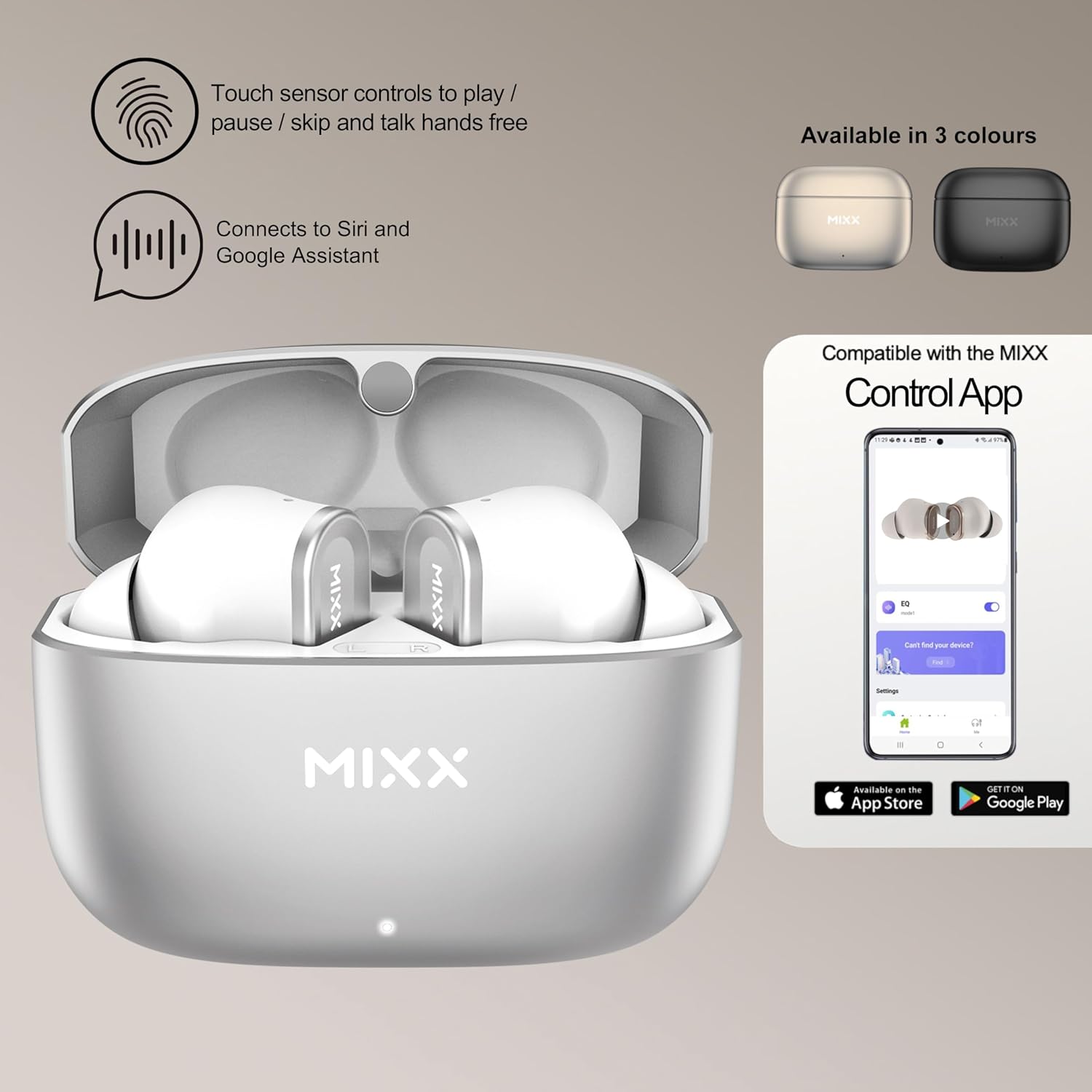 MIXX StreamBuds Custom 1 True Wireless Earbuds – 24hr Battery, Touch Controls, App EQ, Digital Display, Hands-Free Calling, Quick Charge – Zinc Alloy Case, Bluetooth 5.3, 3 Sizes - White