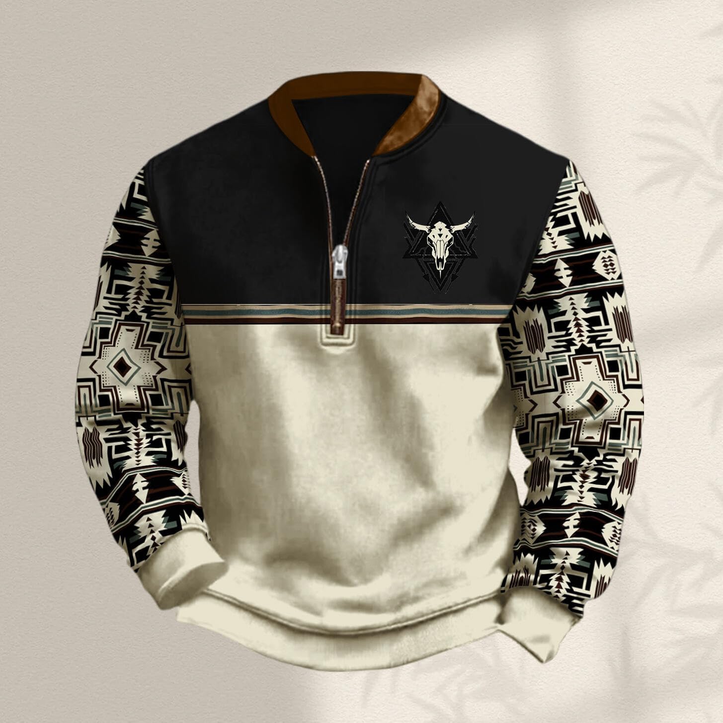 HOTYD Aztec Cowboy Jacket Men Vintage Bullhorn Printed Oversized Western Sweatshirt Long Sleeve Quarter Zip Pullover - Image 2