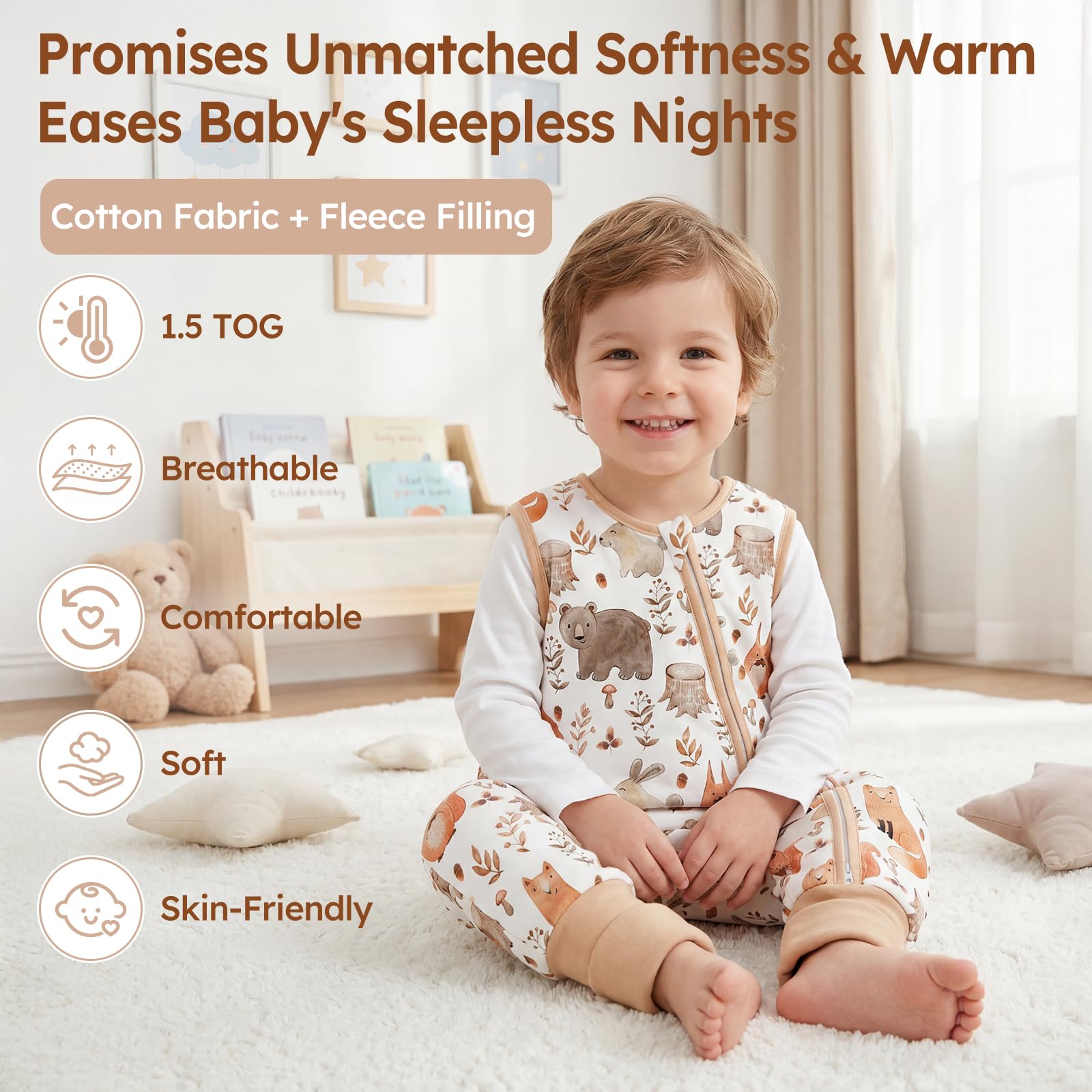 Unnivoll Baby Schlafsack mit Füßen 1,5 Tog 2er Pack Schlafsack Baby Baumwolle Ganzjahre Schlafsack mit Beinen Babyschlafsack Weich 90 cm für Jungen Mädchen Weißbrauner Fuchs