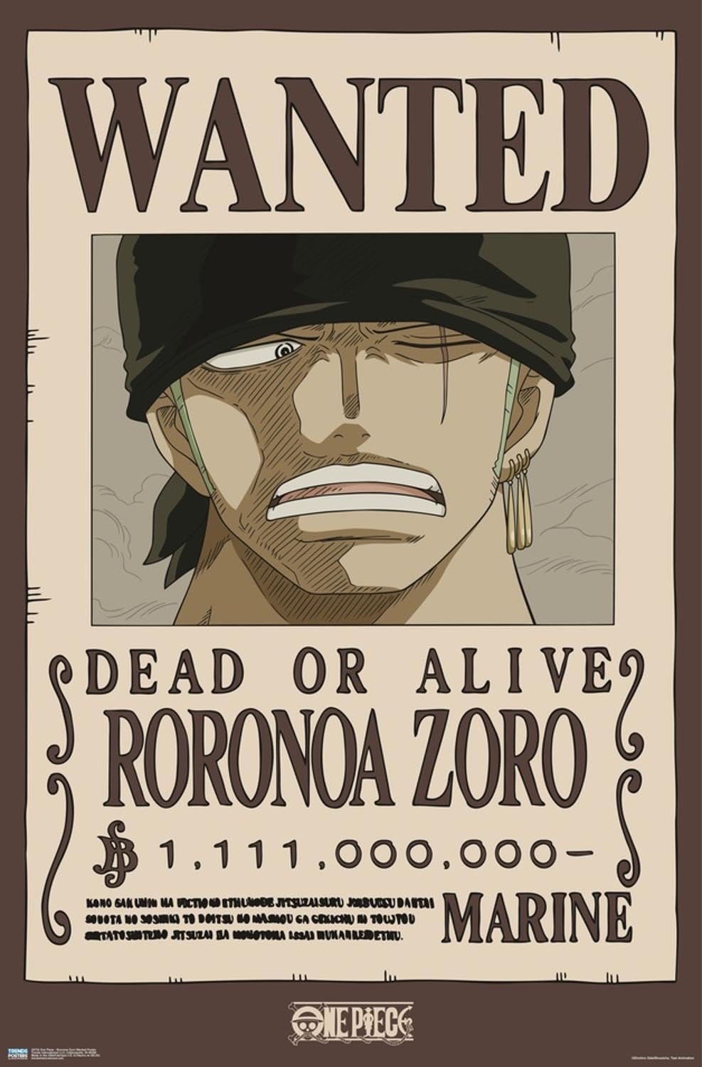 Trends International One Piece - Roronoa Zoro Wanted Poster Wall Poster, 19L x 13W, Premium Unframed Version