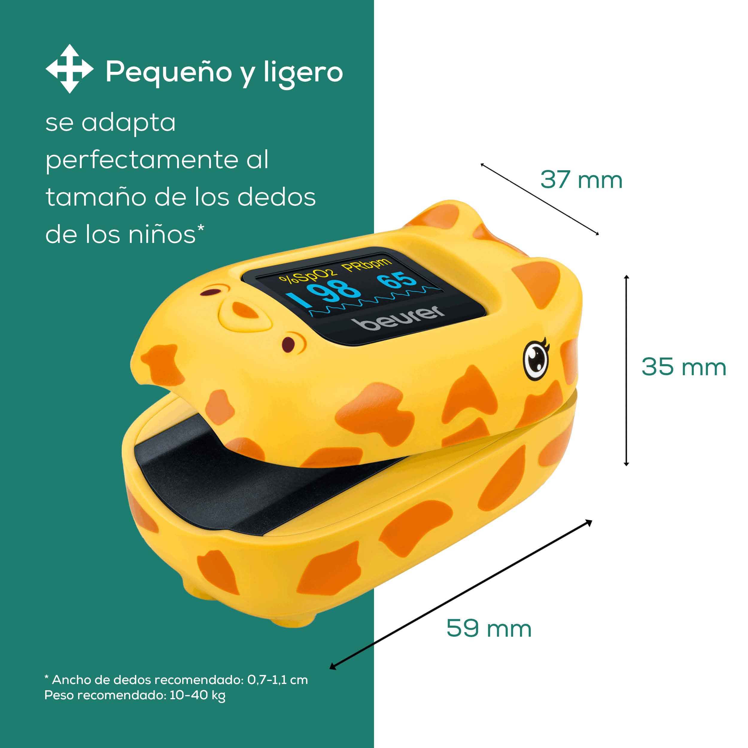 Beurer PO 13 Kids Oxímetro de pulso de dedo para niños, medición de pulso y saturación de oxígeno en segundos, formato pequeño, alineación automática de la pantalla, con bolsa de