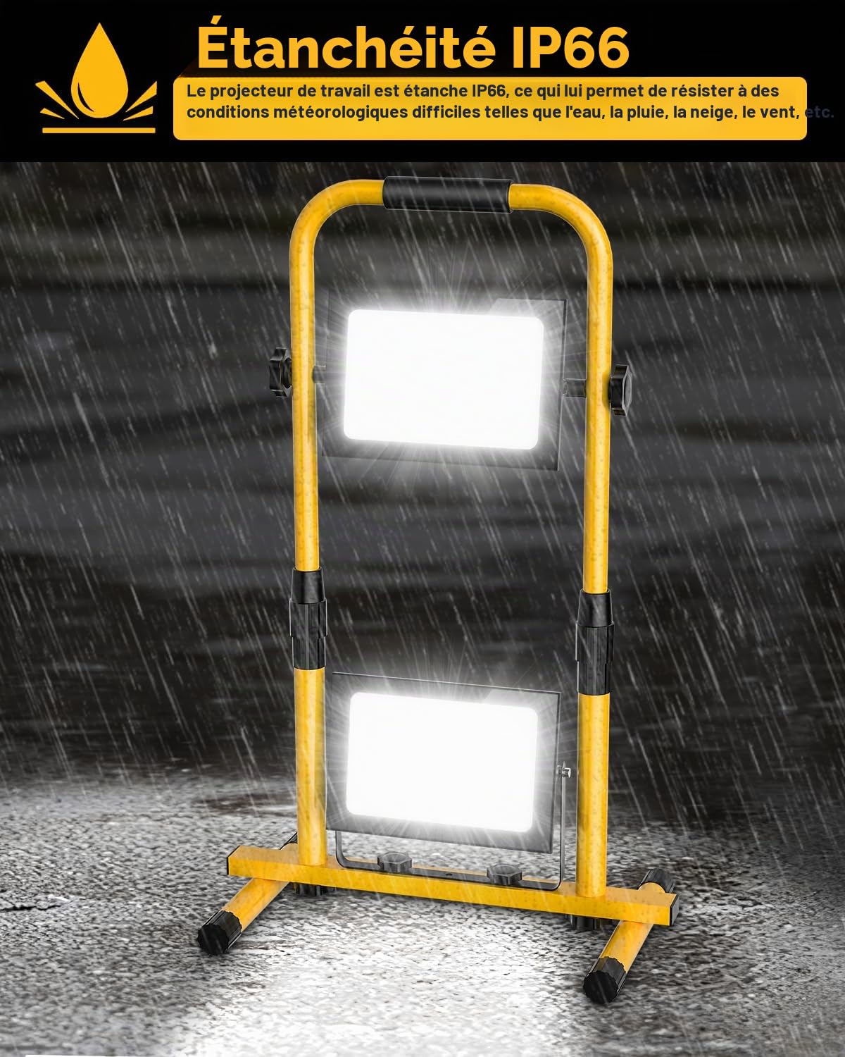 Projecteur LED Chantier 200W, Lampe Chantier LED 10000LM avec Stand Télescopique en Métal, Projecteur Chantier LED Portable Etanche IP66 6500K Blanc Froid pour Atelier, Garage, Construction