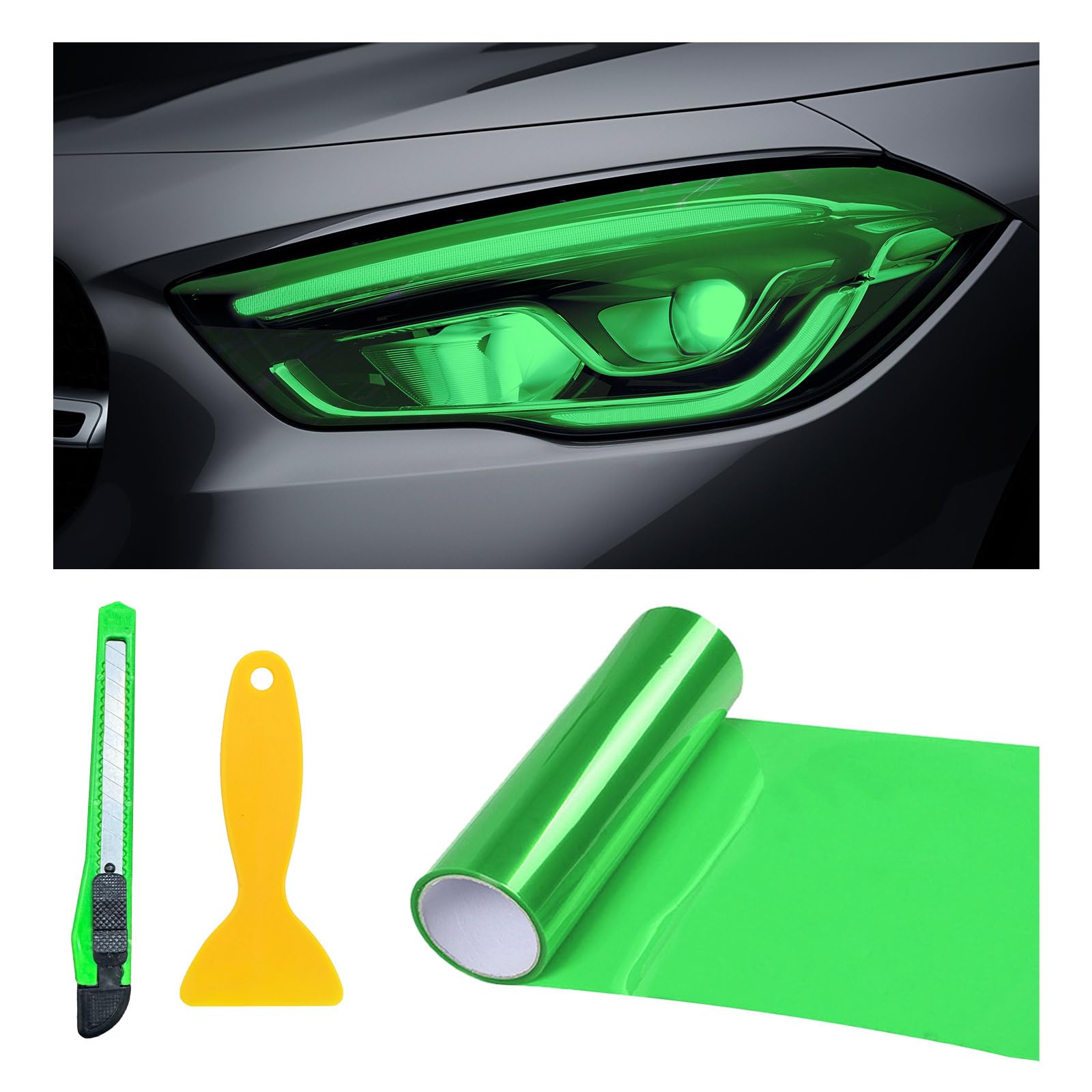12 48 Inch Chameleon Car Tint Film, Shiny Headlights Tail Lights Fog Lights with Squeeze &amp; Cutter, Self Adhesive Vinyl Film Sticker Sheet Roll Car Accessories (Green)