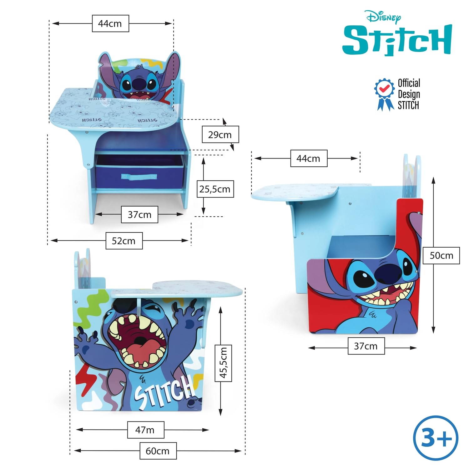 ARDITEX - Sedia-Banco infantile in legno con contenitore in tessuto di Stitch di Disney - 62x30x60cm - Colore Blu - Ideale per attività creative, studio o gioco.