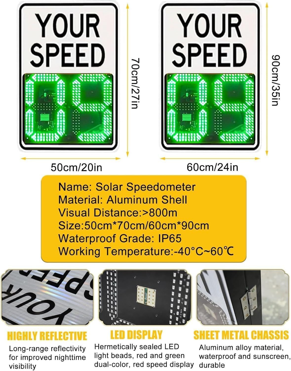 Panneau Radar De Limitation De Vitesse À Affichage Solaire, avec Retour Dinformation LED, Détection De La Vitesse Et Accessoires Complets, en Aluminium Yellow 60X75cm
