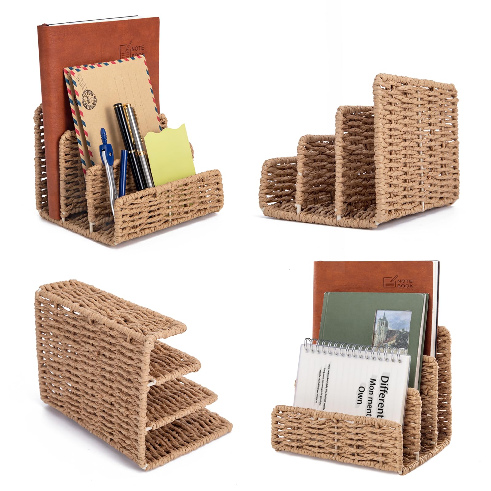 Woven Mail Organizer For Desk Countertop, Mail Holder Sorter Storage Basket Desktop Counter Bill File Envelope Letter Brown