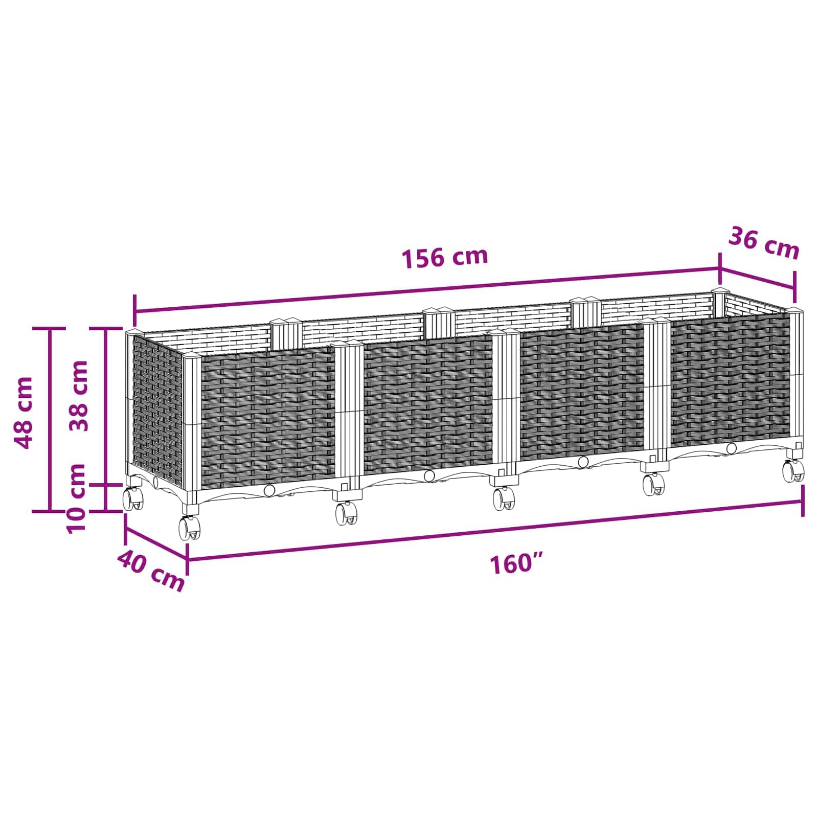 vidaXL Jardinière avec Roues Marron 160 x 40 x 44 cm PP, Jardinière Moderne pour Balcon, terrasse, résistante aux intempéries, idéale pour Les Plantes et légumes