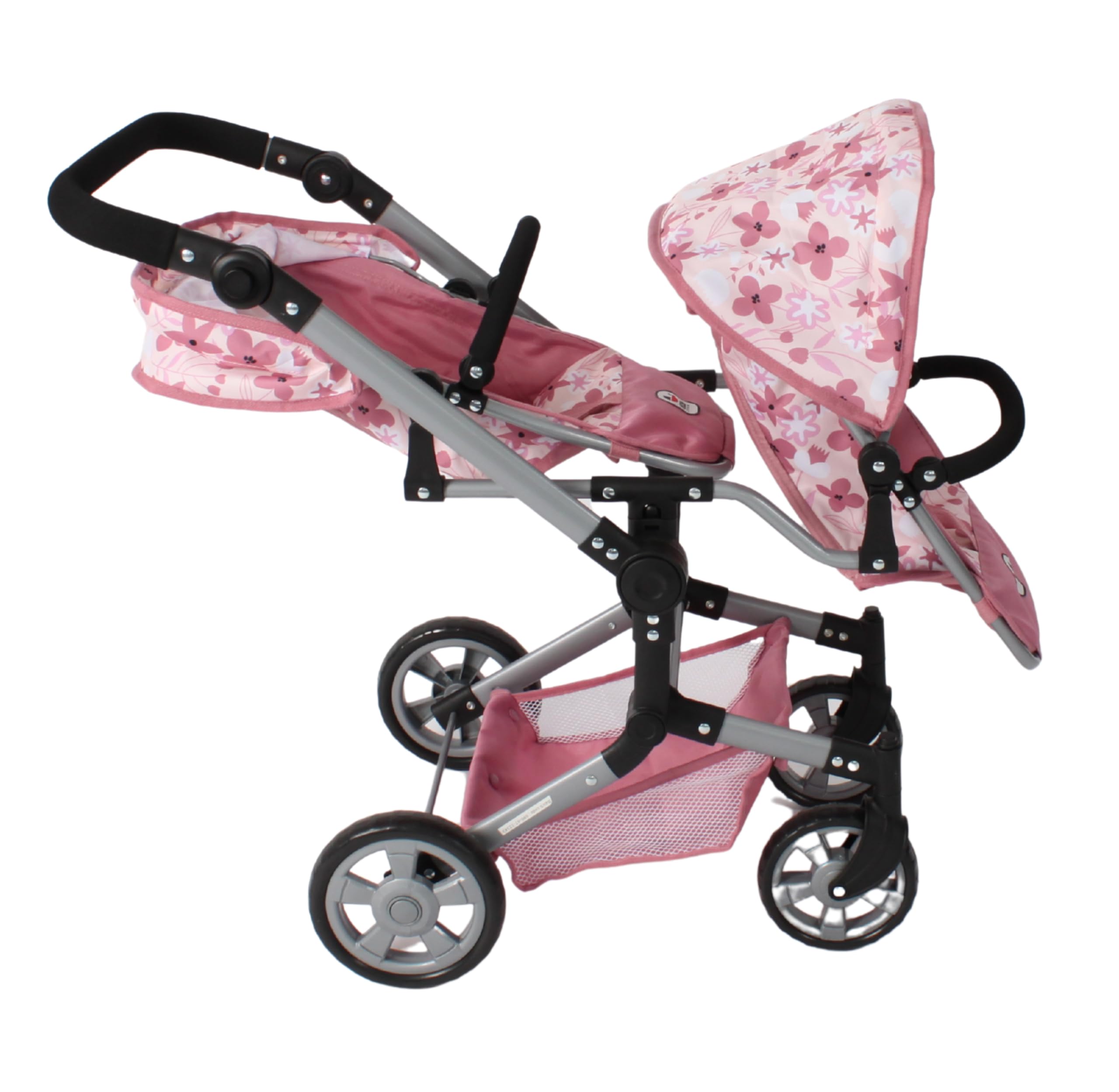 Bayer Chic 2000® Puppenwagen Linus Duo, Flowers rosa, faltbar | Zwillingspuppenwagen, Verstellbarer Griff 50-82 cm, Für Puppen bis 50 cm, 4-8 Jahre