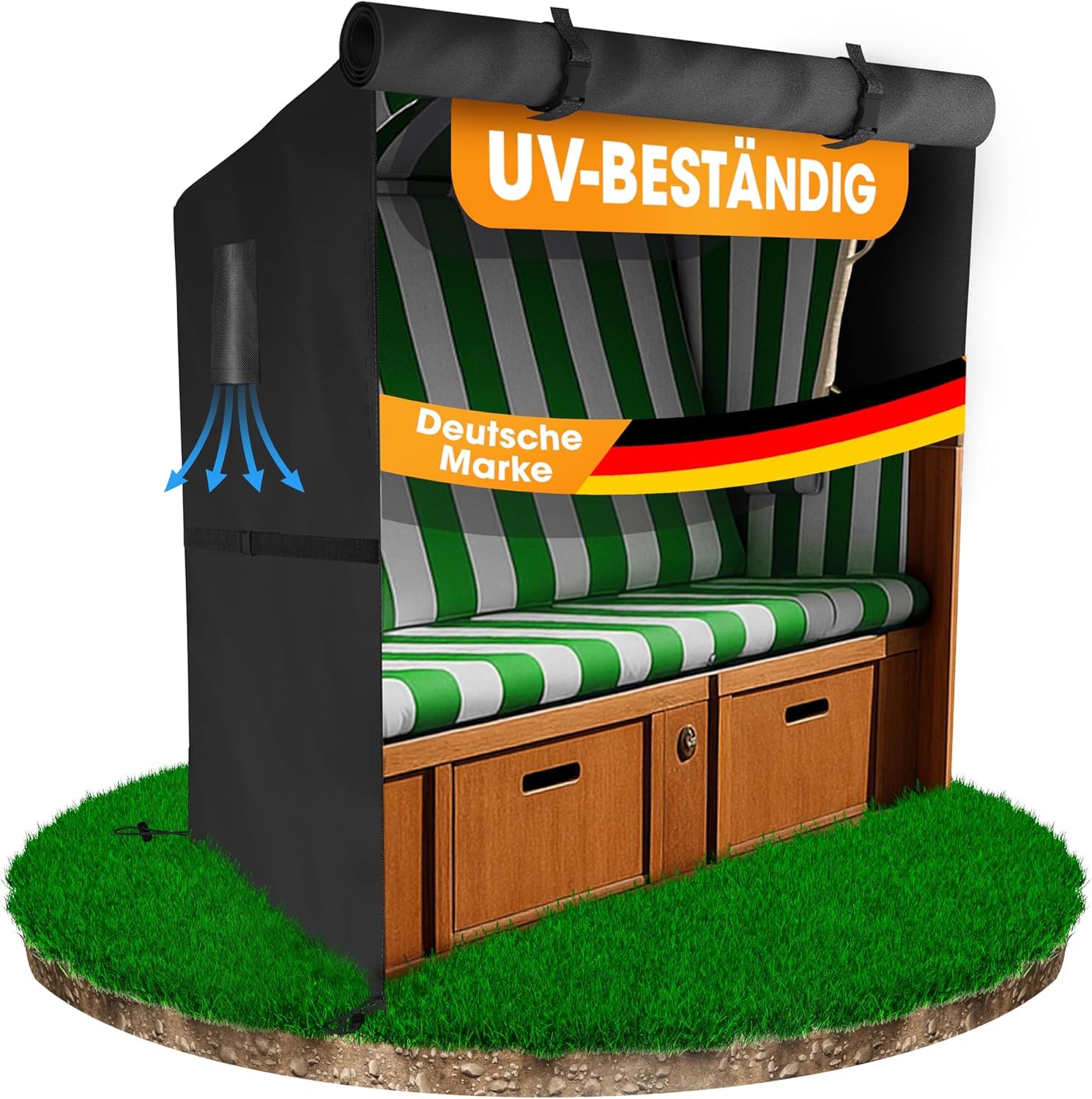 Naturiz® Premium Strandkorb Schutzhülle Winterfest - wetterfest - wasserdicht - Strandkorb Abdeckung UV-beständig - Strandkorbhülle mit Belüftungsfenstern, Hülle 600D Oxford (135cm)