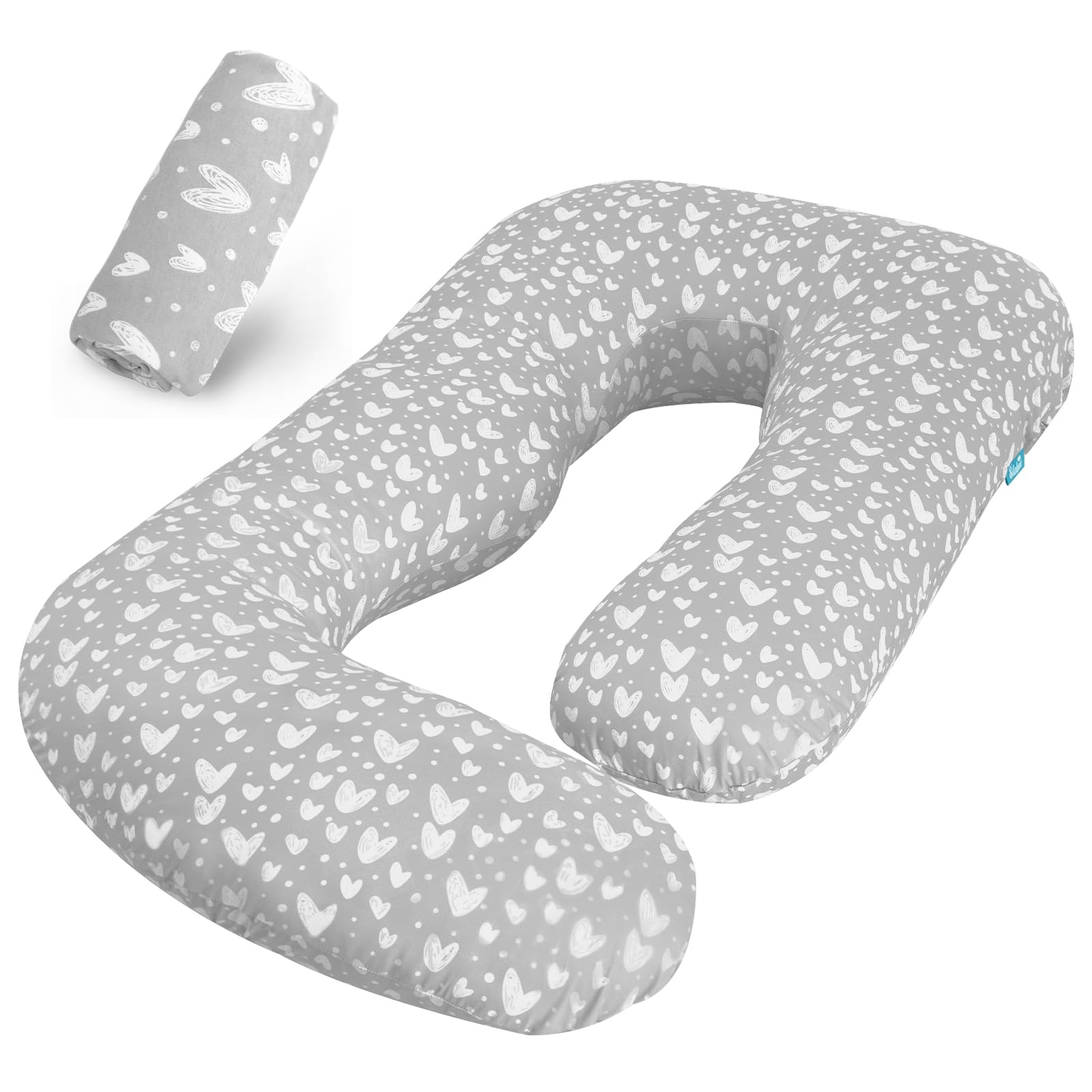 Pregnancy Pillow Cover U-Shaped, Super Soft Replacement Cover for Maternity Pillow, Full Body Asymmetric Pregnancy Pillow Case, Universal Fit, Grey Hearts Print
