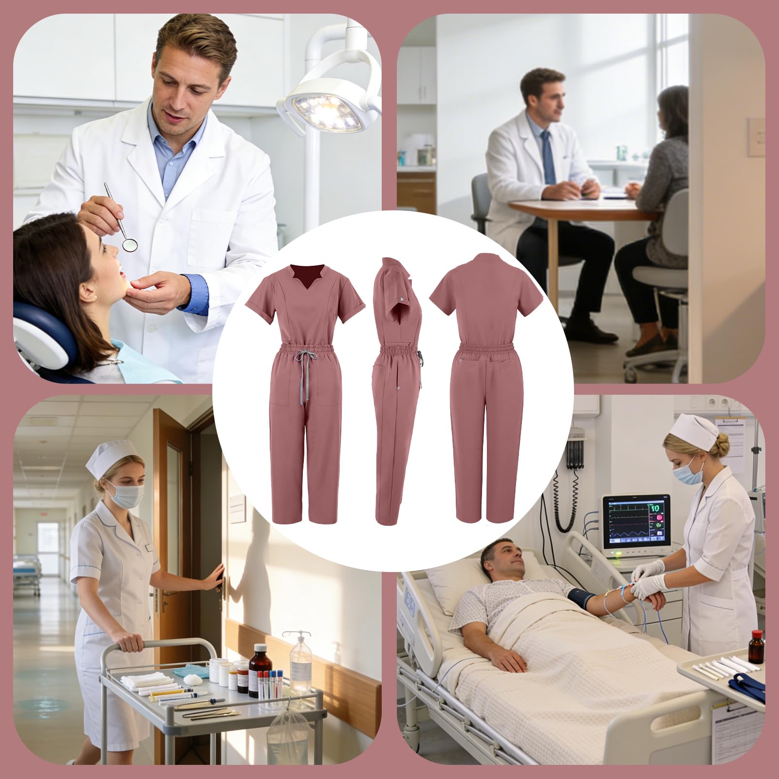 Set di scrub medico da donna, con scollo a V, a maniche corte, con elastico in vita, con coulisse, abbigliamento medico da lavoro con tasche multiple