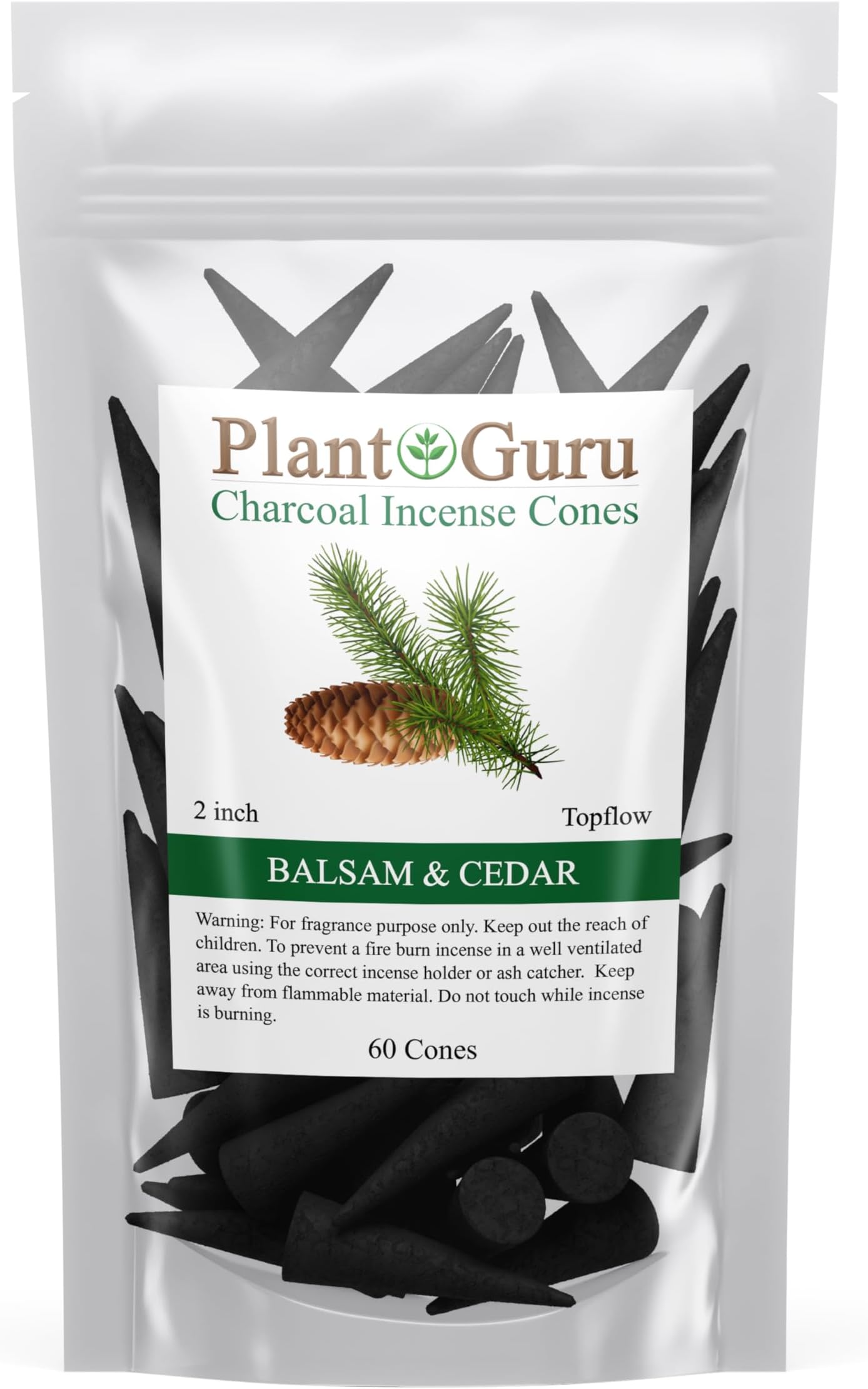 Balsam and Cedar Charcoal Incense Cones 2" TOPFLOW - 60 Pack - Natural Scented Cones Handmade Hand Dipped