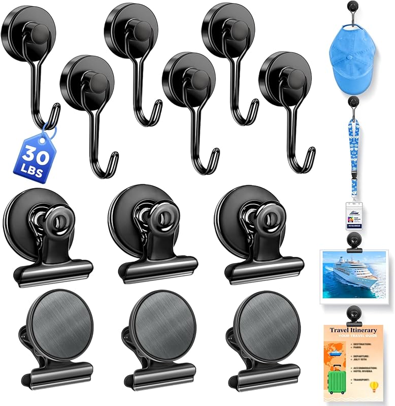 30lbs+ Magnetic Hooks Clips for Cruise Cabins, Cruise Essentials 2026 | 12 Pack for hanging lanyards, hat, clothes, daily schedules, cruise magnetic organizer, magnetic hanger for classroom, fridge