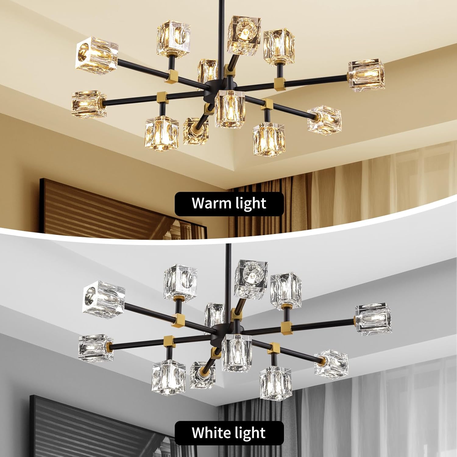 Modern Crystal Chandelier with 12 Lights, Black and Gold Sputnik Chandeliers for Dining Room Modern Sputnik Chandelier Pendant Light fixtures for Living Room,Entryway,Kitchen Island, Bedroom