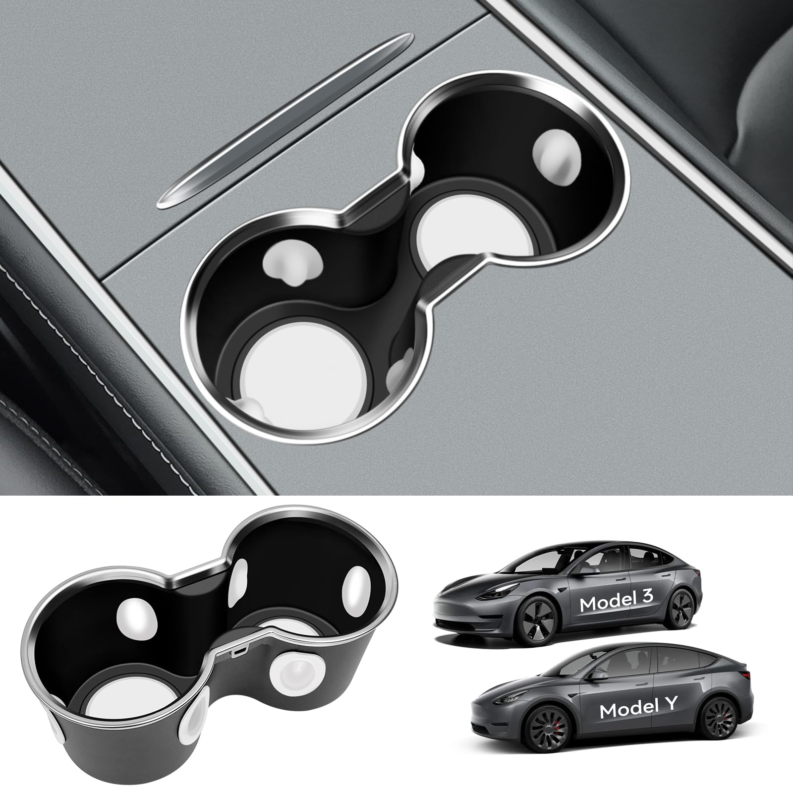 VIHIMAI Upgrade Cup Holder Insert for Tesla Model Y 2025 2024-2021 Model 3 2021-2023 Center Console Interior Accessories [Chrome Plated Design] (