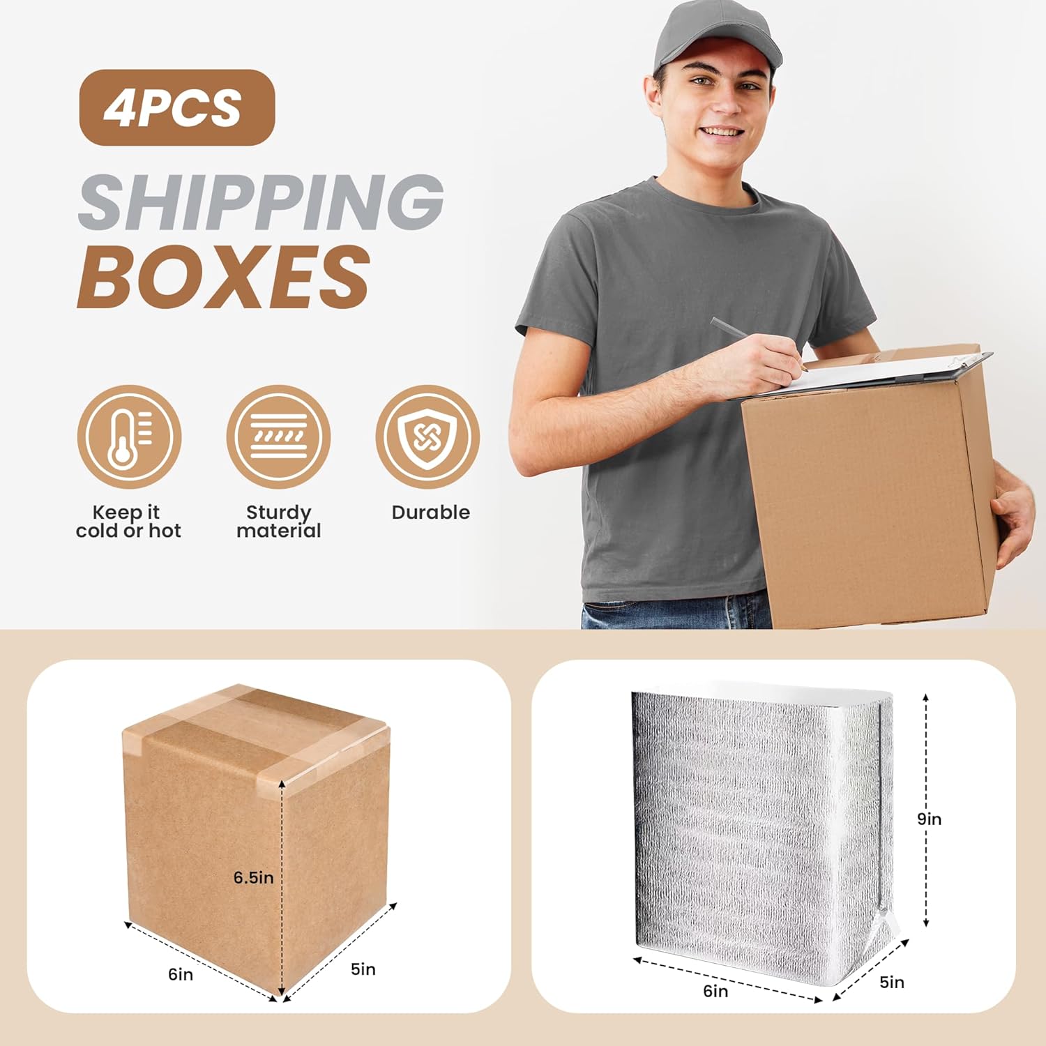 Simple deluxe 4 Pack Insulated Shipping Boxes with Aluminum Foil Liner,Thermal Insulation Cold Pack Shipping Boxes for Frozen, Reusable Styrofoam Cooler Box, Small Mailing Box, 6’’X5’’X9’’