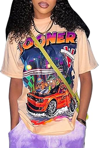 Women Oversized Hip Pop Graphic T Shirt Cartoon Racing Car Printed Short Sleeve Streetwear Tee Club Outfits