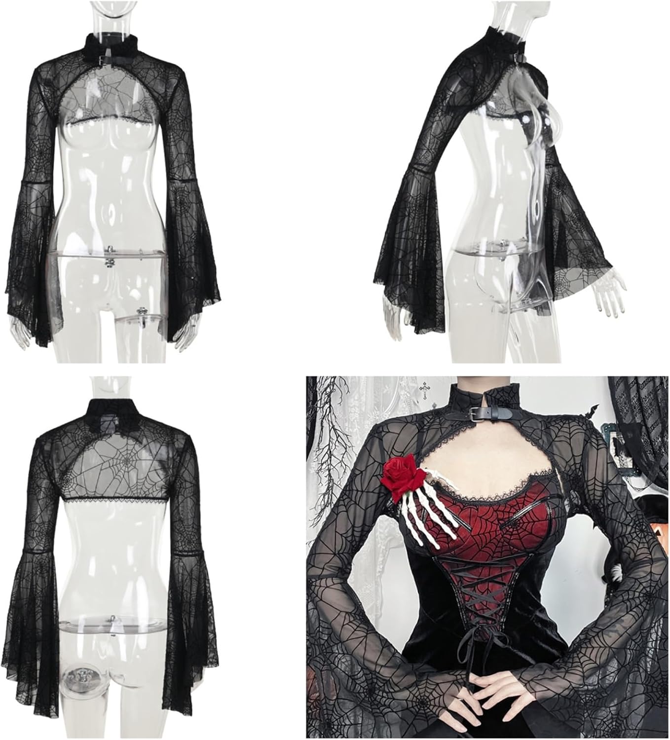 Women Gothic Crop Top Y2K Black Cropped Cardigan Cover Up Tops Emo Shrug Bolero Shirt - Image 4