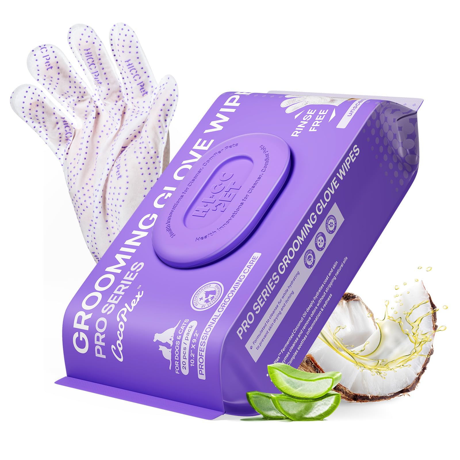 HICC PET Glove Wipes for Dogs and Cats Cleaning & Deodorizing, Pro Series, Hypoallergenic Dog Washing Wipes, Extra Thick, Dual-Textured Pet Brushes for Long Short Hair, Unscented