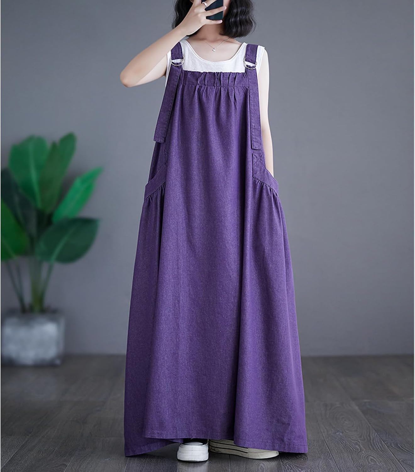 Denim Jumper Dress for Women Maxi Loose Adjustable Straps Long Jean Dresses Plus Size Overall Dress with Pockets - Image 3