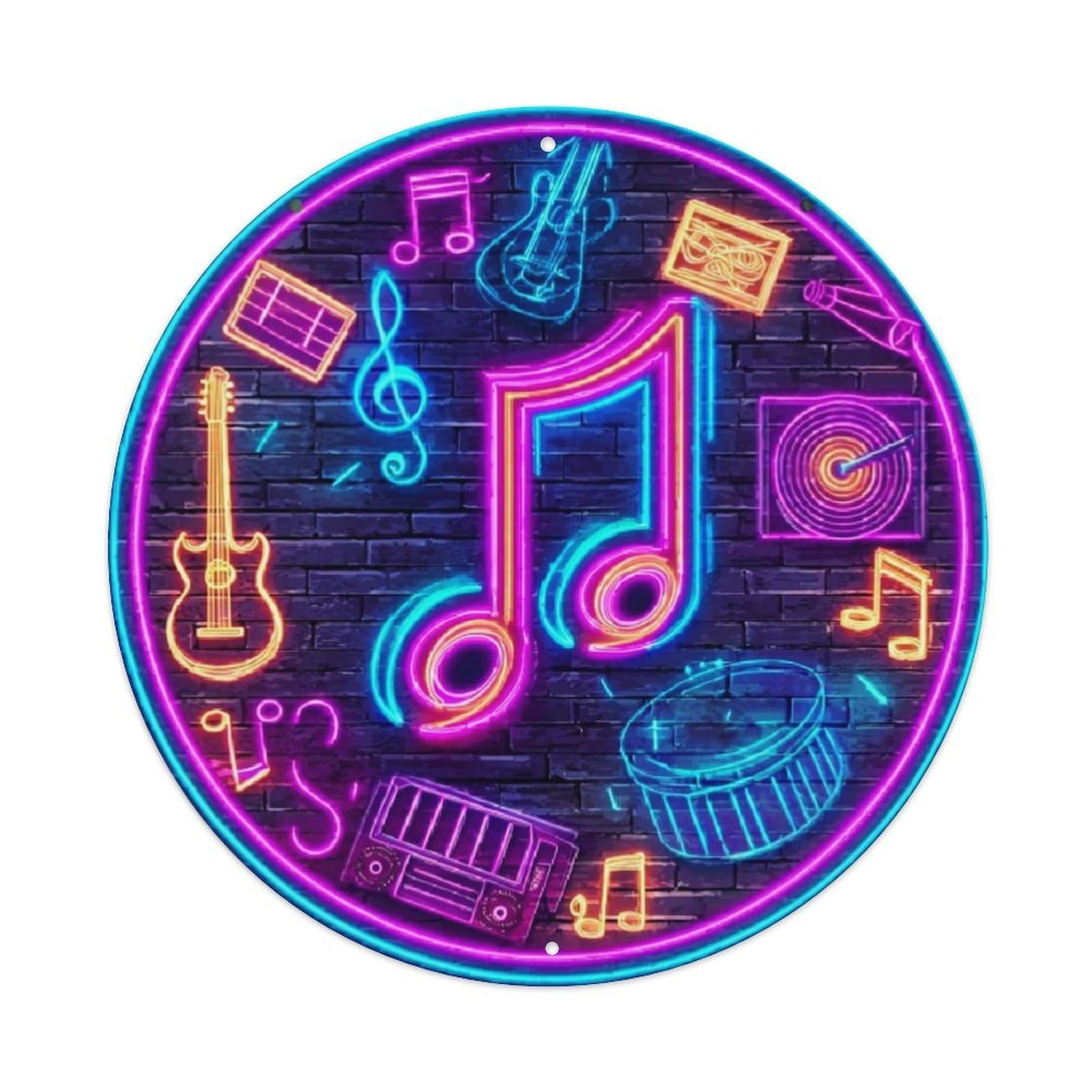 Neon Music Symbols Guitar Drum Retro Metal Sign Round Tin Sign, Vintage Decor Art Poster for Bar, Home, Man Cave, Kitchen, Laundry Room Gift 8x8Inch