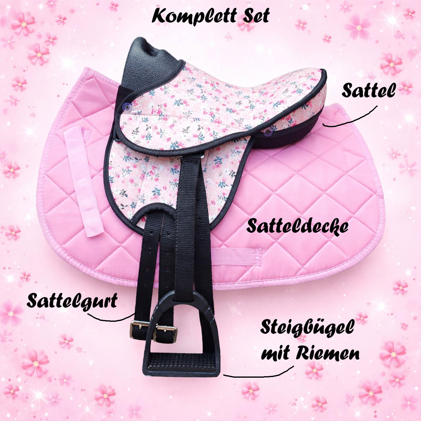 Brama West Holzpferd Sattel Set „My Happy Pony“ | Sattel für Shetty Pony Holzpferd | mit Satteldecke, Sattelgurt, Steigbügel & Steigbügelriemen | Sattel Flower/Decke Pink