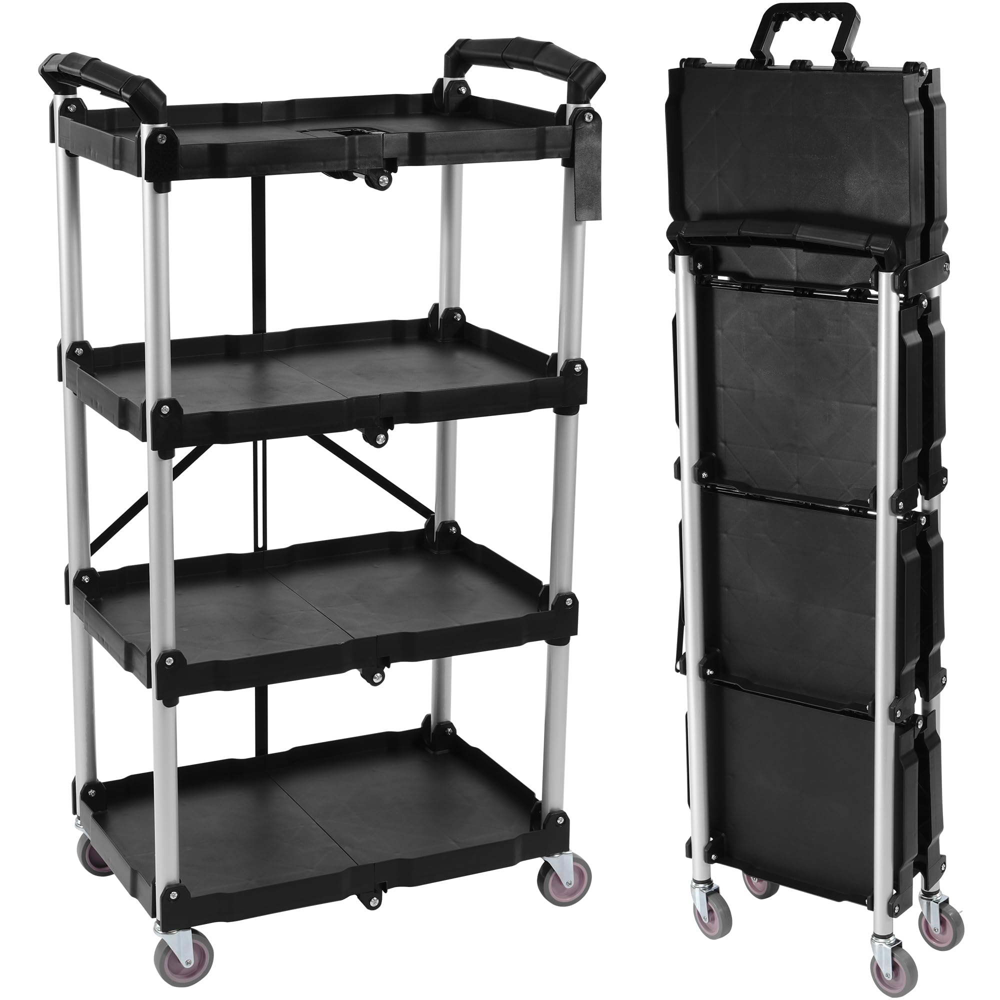 Folding Utility Cart, Portable Collapsible Service, 4 Shelf Heavy Duty Collapsible Tool with Wheels, Suitable for Office Warehouse Home, Black