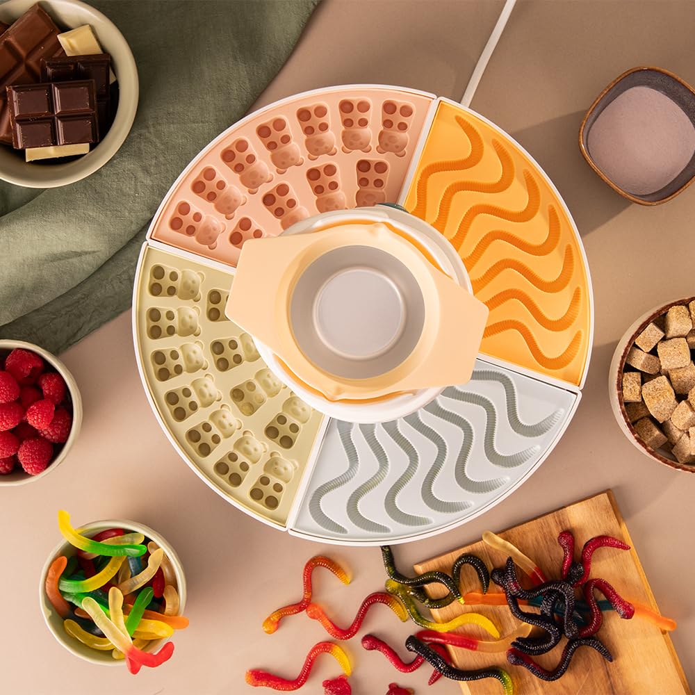 Cecotec Máquina de Hacer Golosinas Fondue de Chocolate Gummy Maker Fun&Sugar Gummy. 2 en 1, 40 W, 4 Moldes de Silicona, 4 Bandejas Desmontables, Diseño Compacto, Fácil de Limpiar