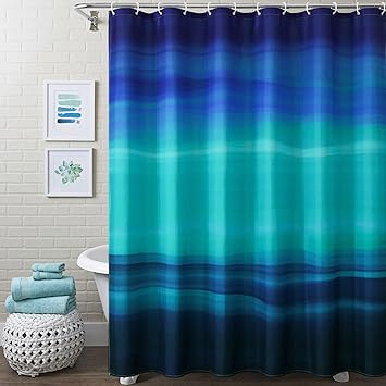 MitoVilla Navy Blue Ombre Shower Curtain Set, Beach Ocean Shower Curtain Liner, Abstract Teal Gre...