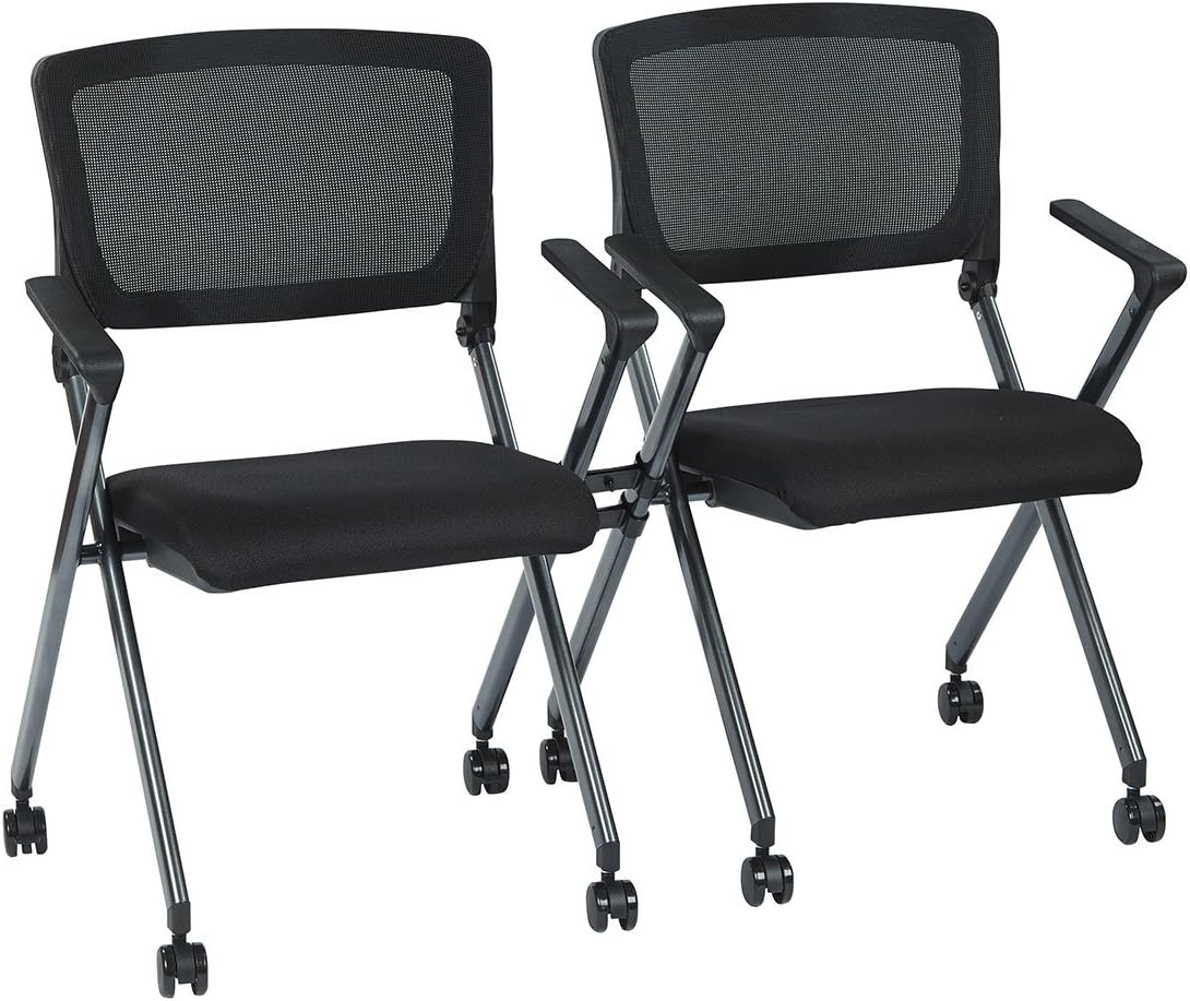 Office Star FC Series 2-Pack Folding Nesting Chairs with Breathable Mesh and Padded Fabric Seat, Icon Black with Titanium Frame
