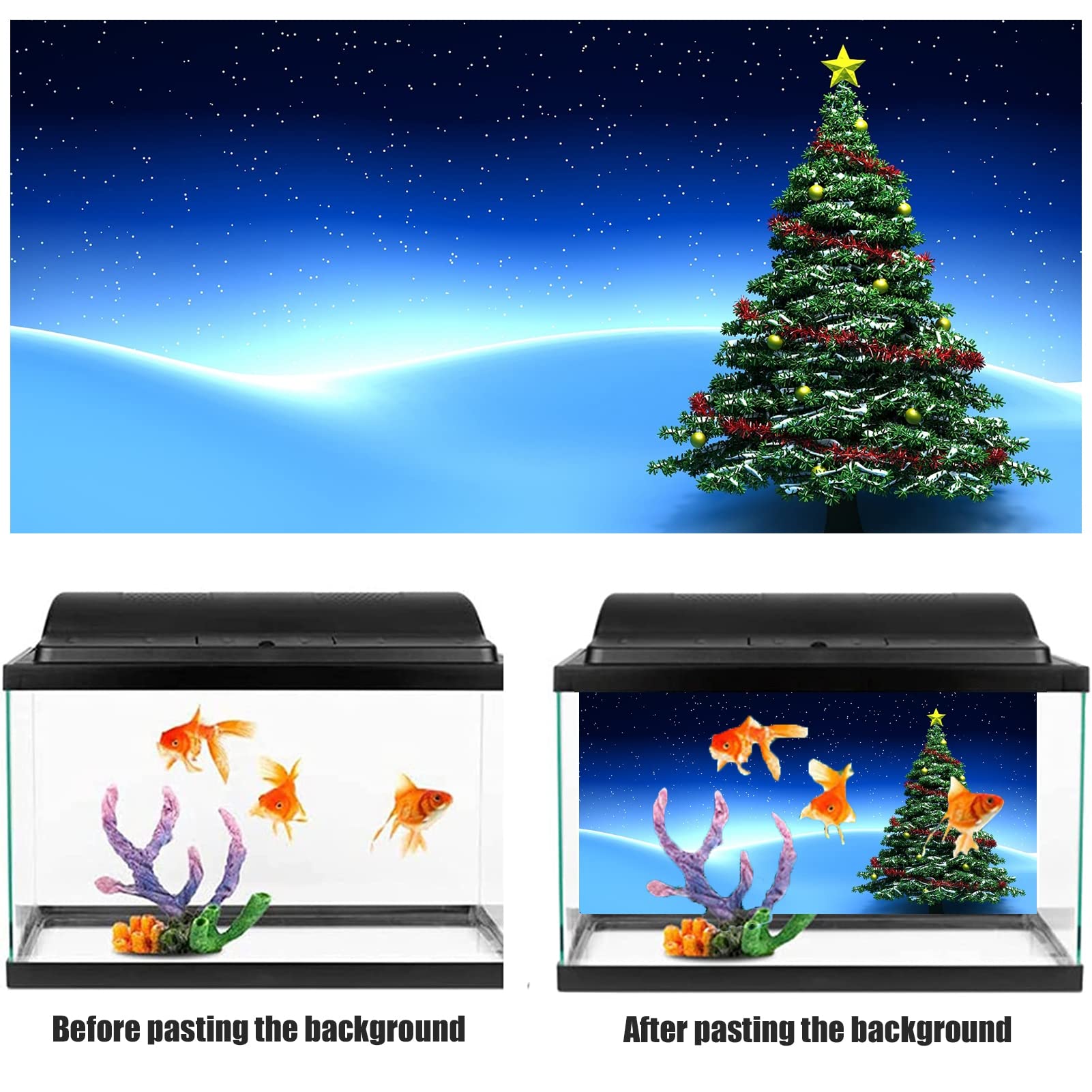 BAHULA Poster autocollant de fond d'aquarium, papier peint 3D pour aquarium - Ciel étoilé décoratif - Images de fond d'arbre de Noël - Décoration d'image de fond de Noël, 122 x 76 cm