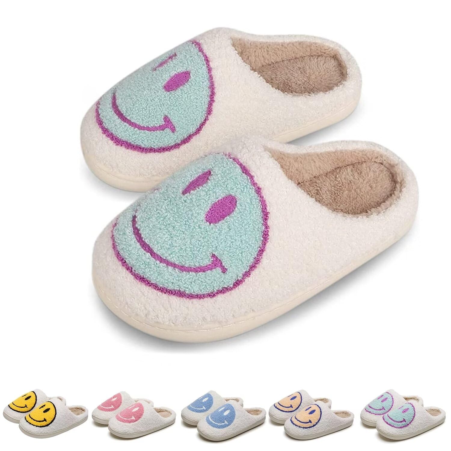 KEYUSHOPHappy Face Slippers for Kids Smile Face House Slippers Soft Plush Warm Preppy Slipper Anti-Slip Winter Fuzzy House Shoes for Toddler Girls