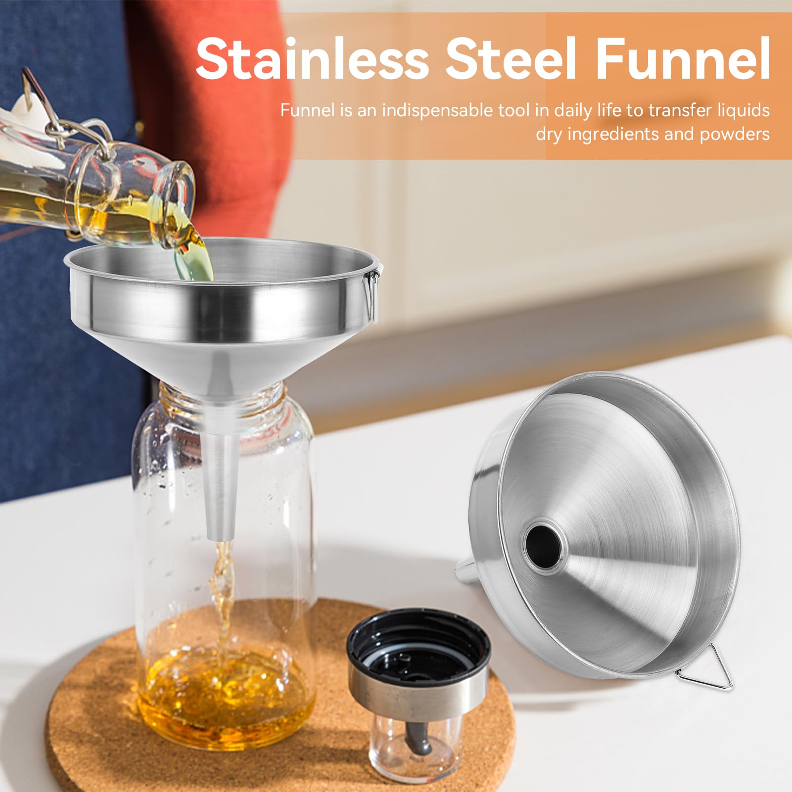 Imbuto Cucina, Ø 15cm imbuto acciaio inox di riempimento per liquidi e ingredienti secchi Imbuto per olio per auto, facile da pulire e riporre(L)