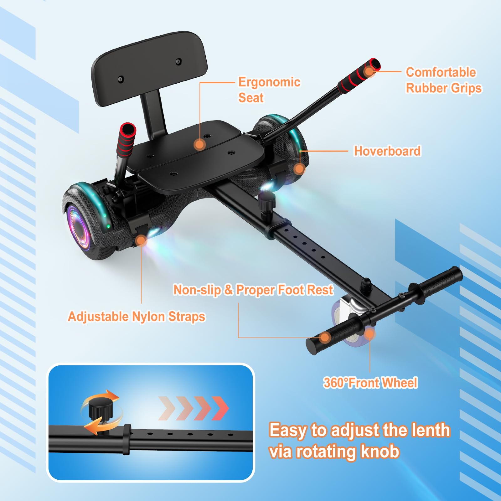 TST Hoverboard con asiento ajustable, patinete todoterreno autoequilibrado de 6,5 pulgadas, luces LED y Bluetooth