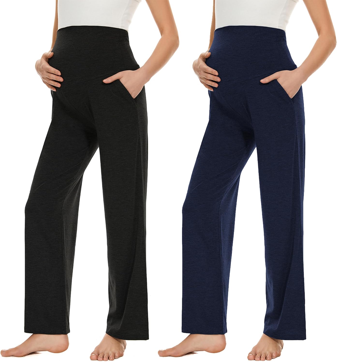 Ecavus Women's Maternity Wide/Straight Versatile Comfy Palazzo Lounge Pants Stretch Pregnancy Trousers with Pockets