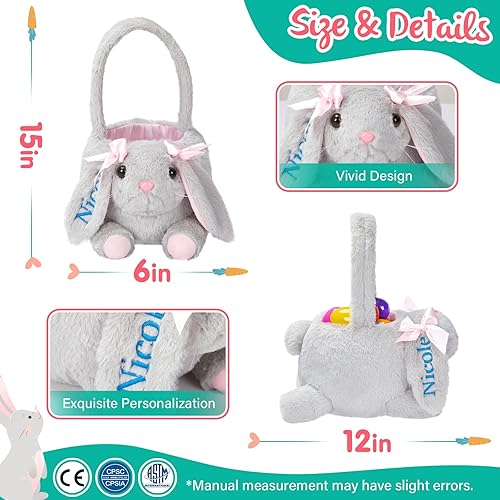 Miniatura 2 de TedYoho Cesta personalizada de conejo de Pascua de 15 pulgadas con nombre bordado, cesta de caza de huevos de Pascua de felpa para regalos de