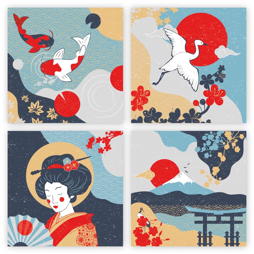 Mixed pack of blank greeting cards and envelopes, 12 note cards 4 different Japanese style designs, blank greeting inside notelet and envelope sets. (10.5x10.5cm) โ image 1